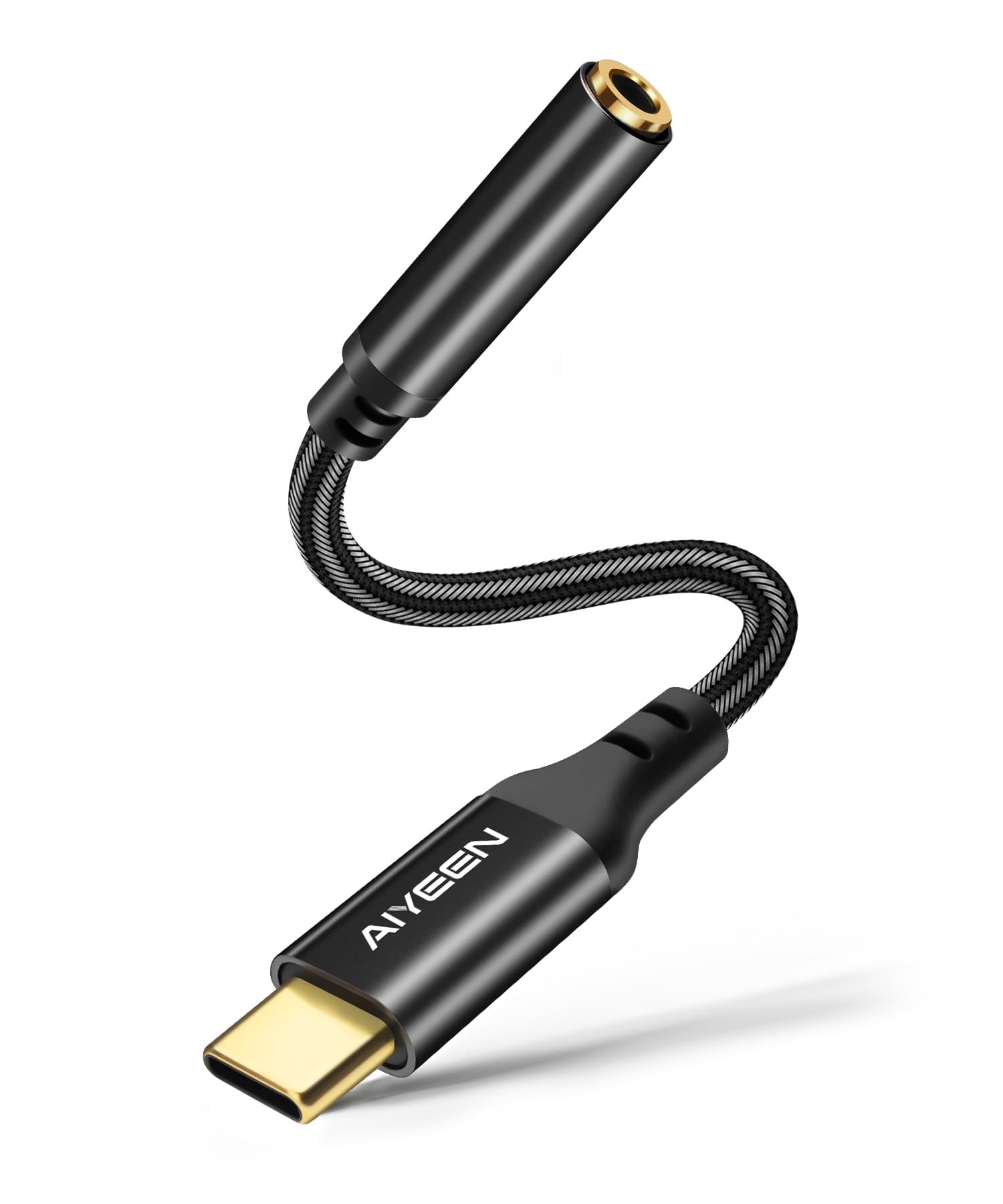 USB C to Aux Adapter, 13cm Type-C to 3.5mm Jack Cable with Gold-Plated Plug &amp; DAC Chip, Tangle-Free Nylon – Black