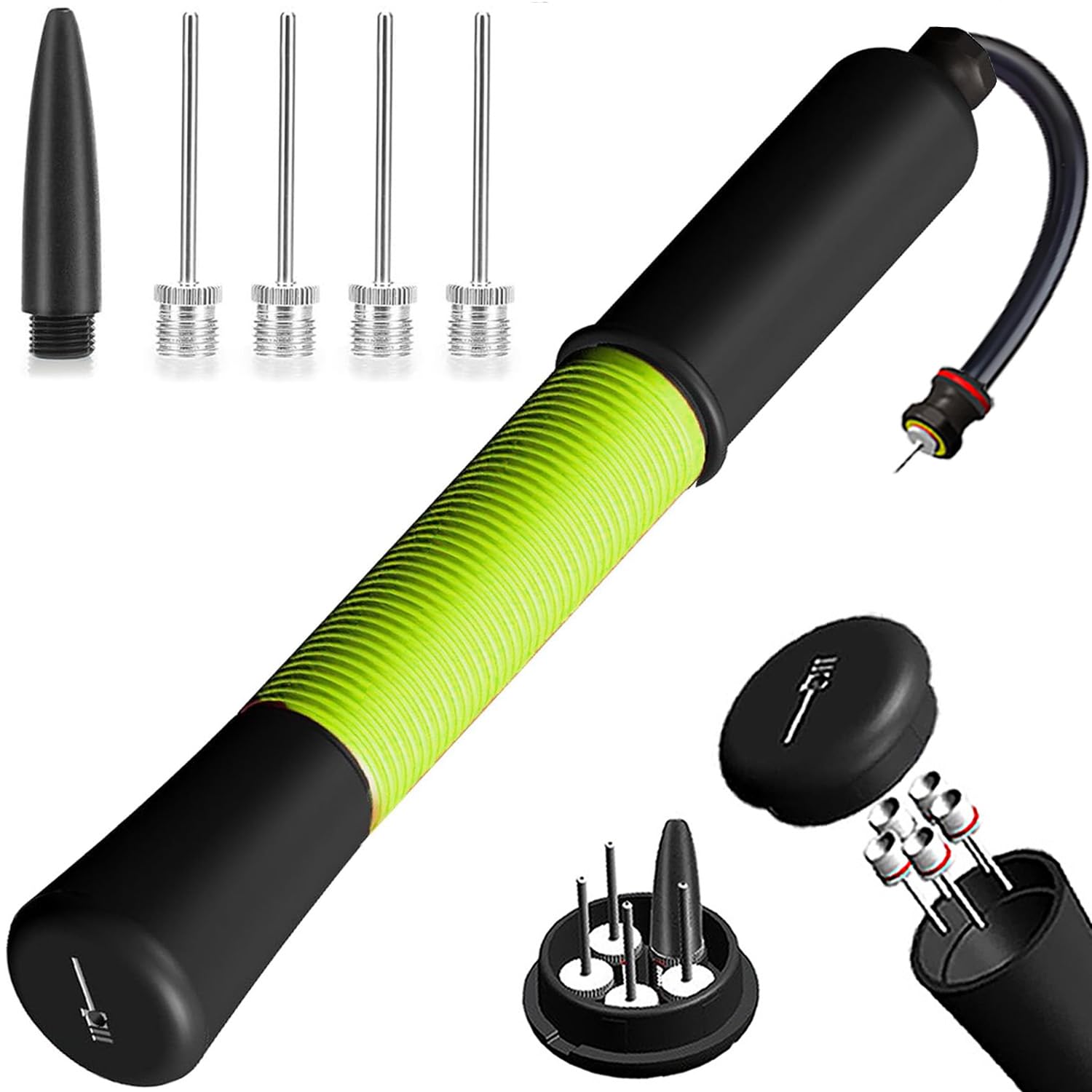 Ball Pump with Needle Storage(Never Lose Pin) Football Pump with 5 Needles and Extendable Cable, Soccer Football, Volleyball Rugby Ball Inflator - Great for All Balls - 1 Pack