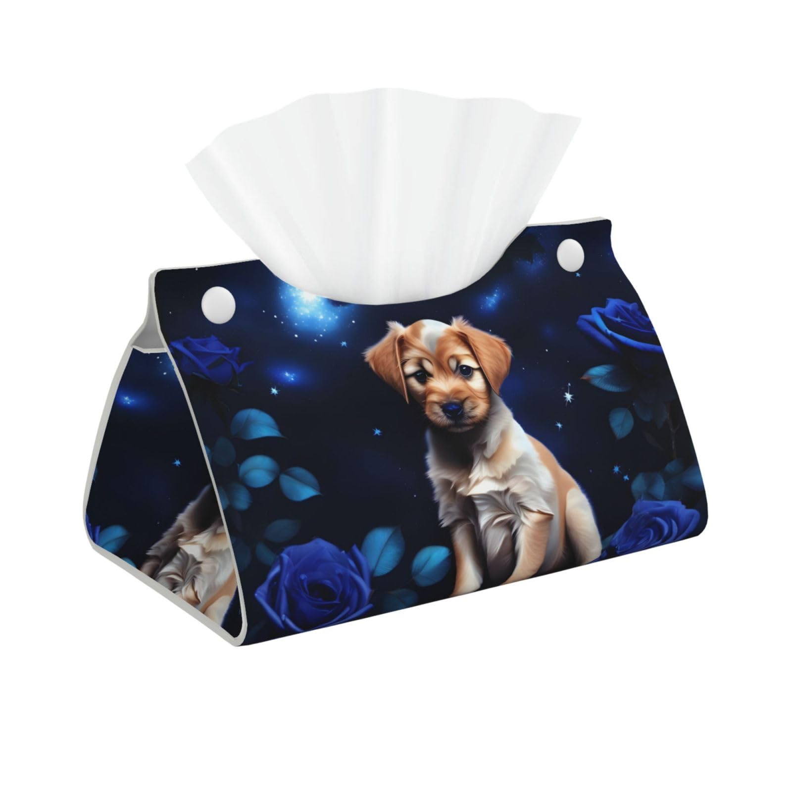 Puppy Blue Rose Long Leather Tissue Box Cover-Waterproof PU Leather Tissue Holder for Bathroom, Decorative Rectangular Tissue Case