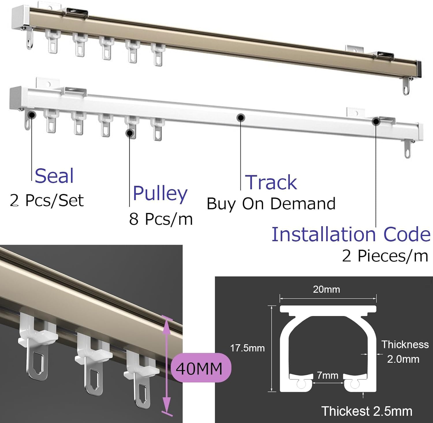 Rail de rideau robuste en alliage d'aluminium - Séparateur de pièce mural/plafond, coulissement silencieux pour rideaux lourds, compatible avec les murs de 2,0 à 2,5 mm, durable, flexible et