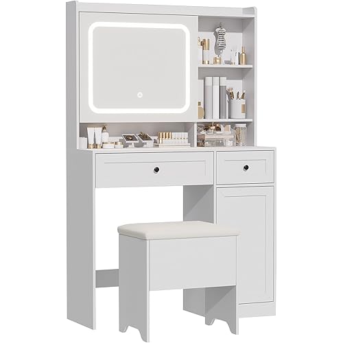 Vanity Table with Hidden Storage & LED Mirror - Includes Padded Stool, 5 Compartments, 2 Drawers & 1 Storage Cabinet - Ideal Bedroom Makeup Dressing Table White