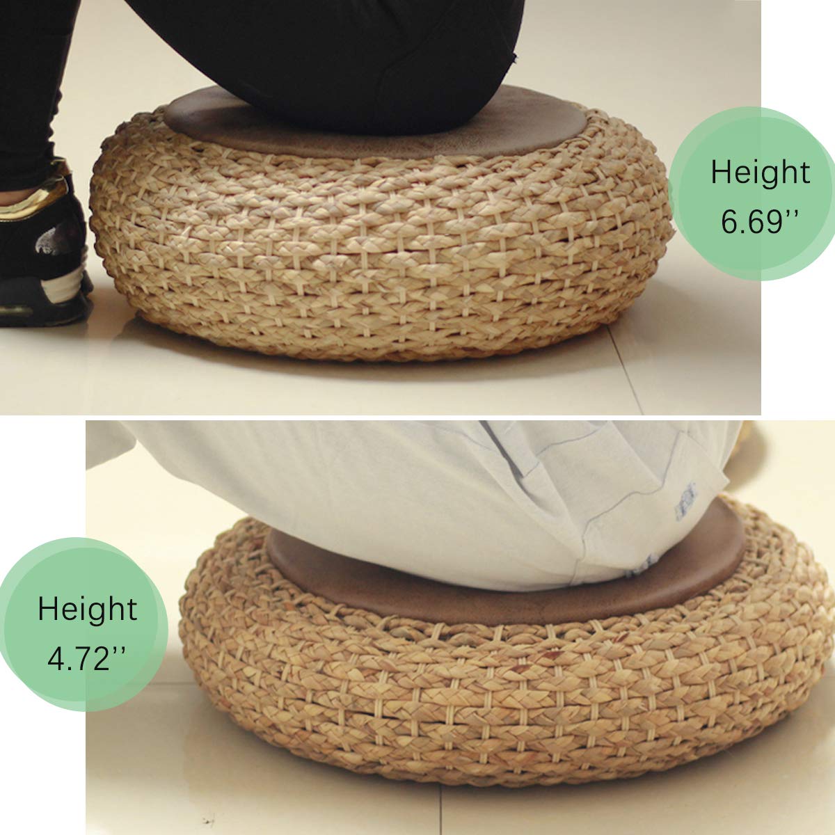 Kelendle Round Straw Knitted Pouf Foot Stool Leather Roof Steel Frame Stuffed Futon for The Living Room Bedroom and Kids Room, 19.7