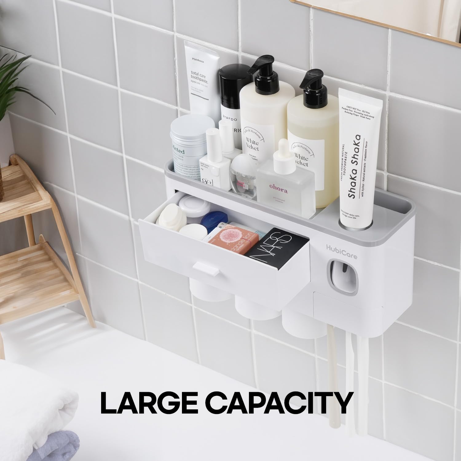 HubiCare - Portaspazzolino con dispenser per dentifricio, montaggio a parete, per bagno, spremi dentifricio, organizzazione e conservazione del bagno, 5 scomparti per spazzolini (3 tazze)