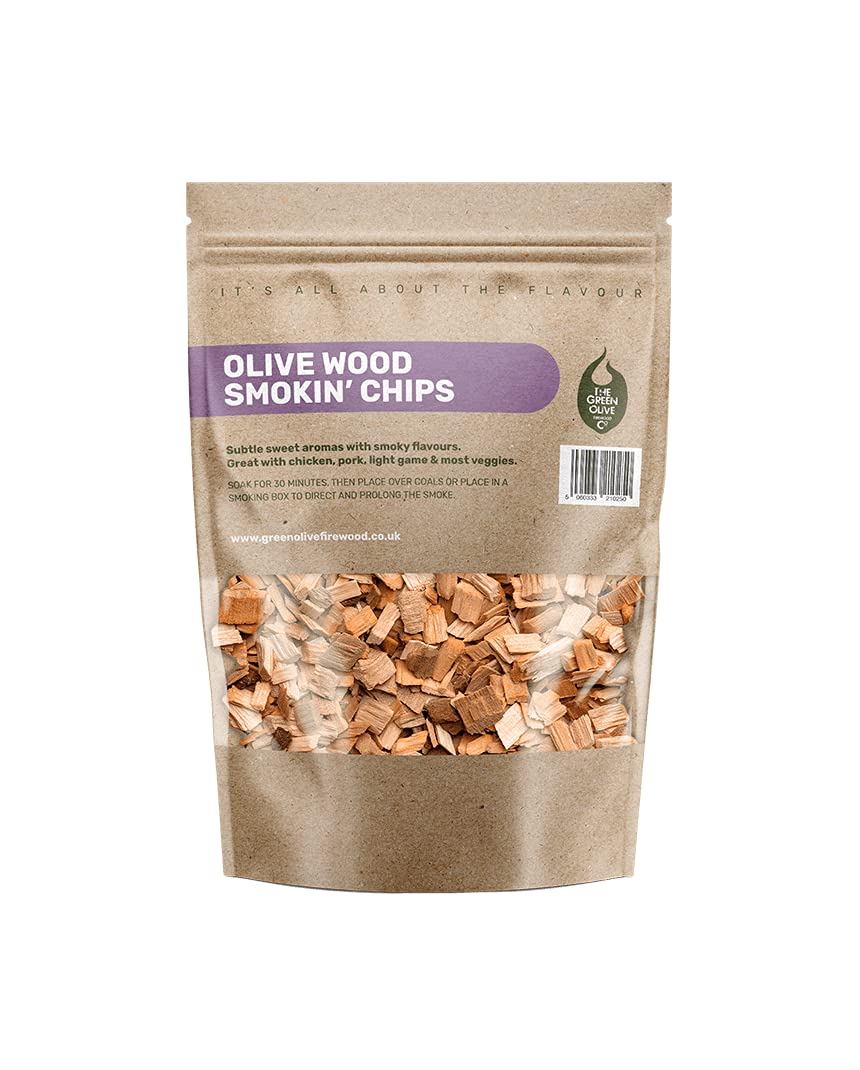 Green Olive Firewood - Wood Chips for smoking, 3L - bbq wood chips Ideal for use In BBQ's or Smokers - Flavoured smoking wood chips, for smoking meat, fish and even vegetables - Olive