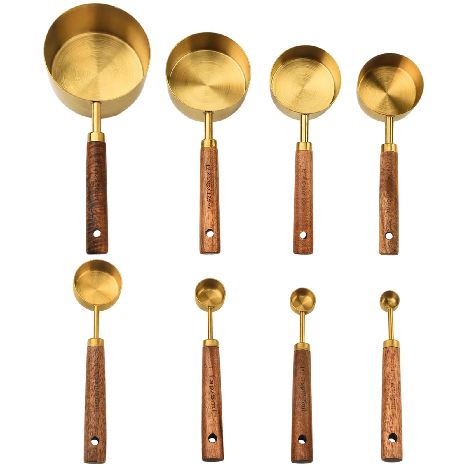 8 Stk. Messbecher und Messlöffel Set aus vergoldetem Edelstahl, mit Akazienholzgriff, metrische und US Markierungen, Metall Messbecher und Messlöffel zum Abmessen für Backen und Kochen