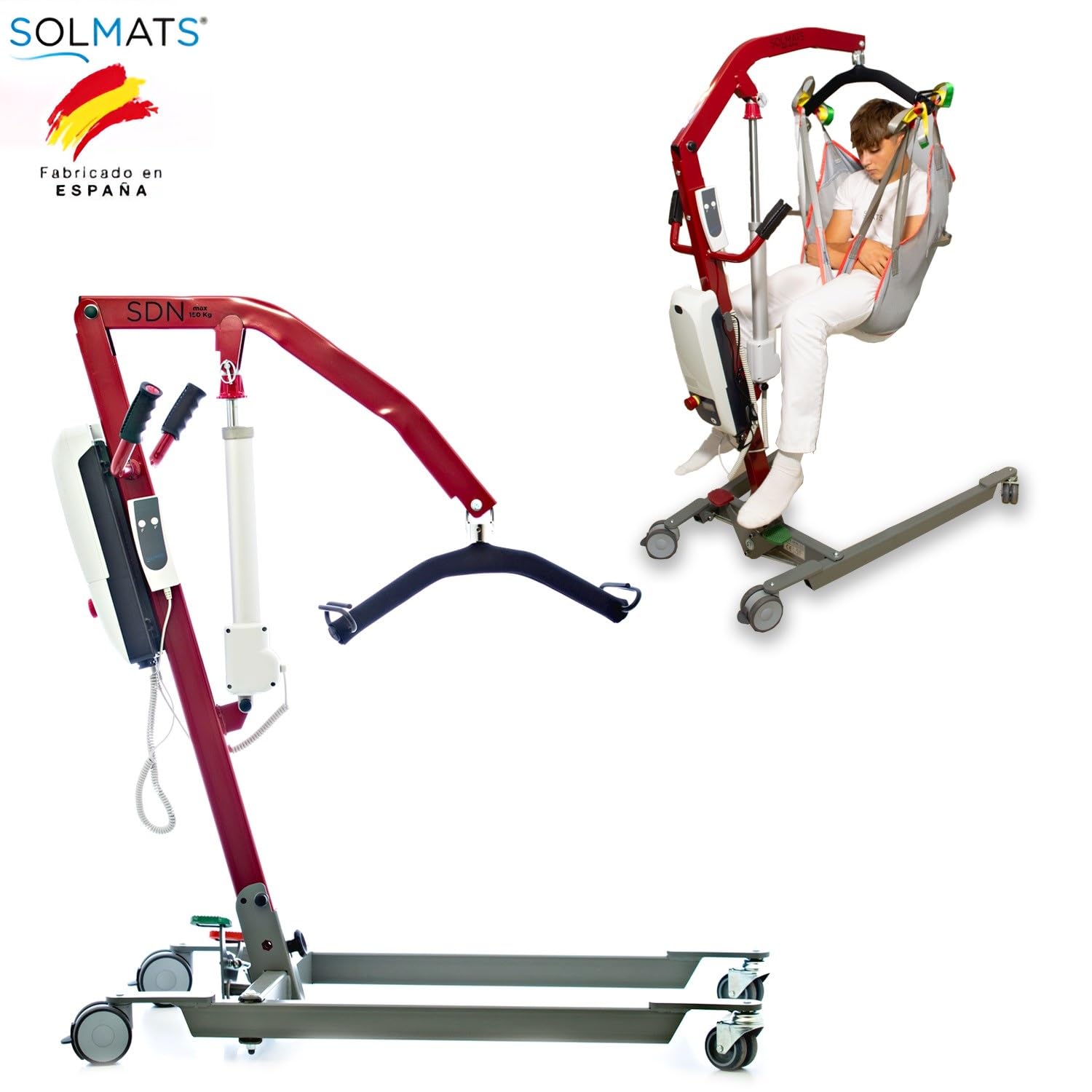 Grúa para personas mayores, Fabricado en España, Arnés profesional incluido, Grúa electrica, Grúa para enfermos, 150 kg, Elevador de pacientes, Segura y Plegable, Fácil de Usar