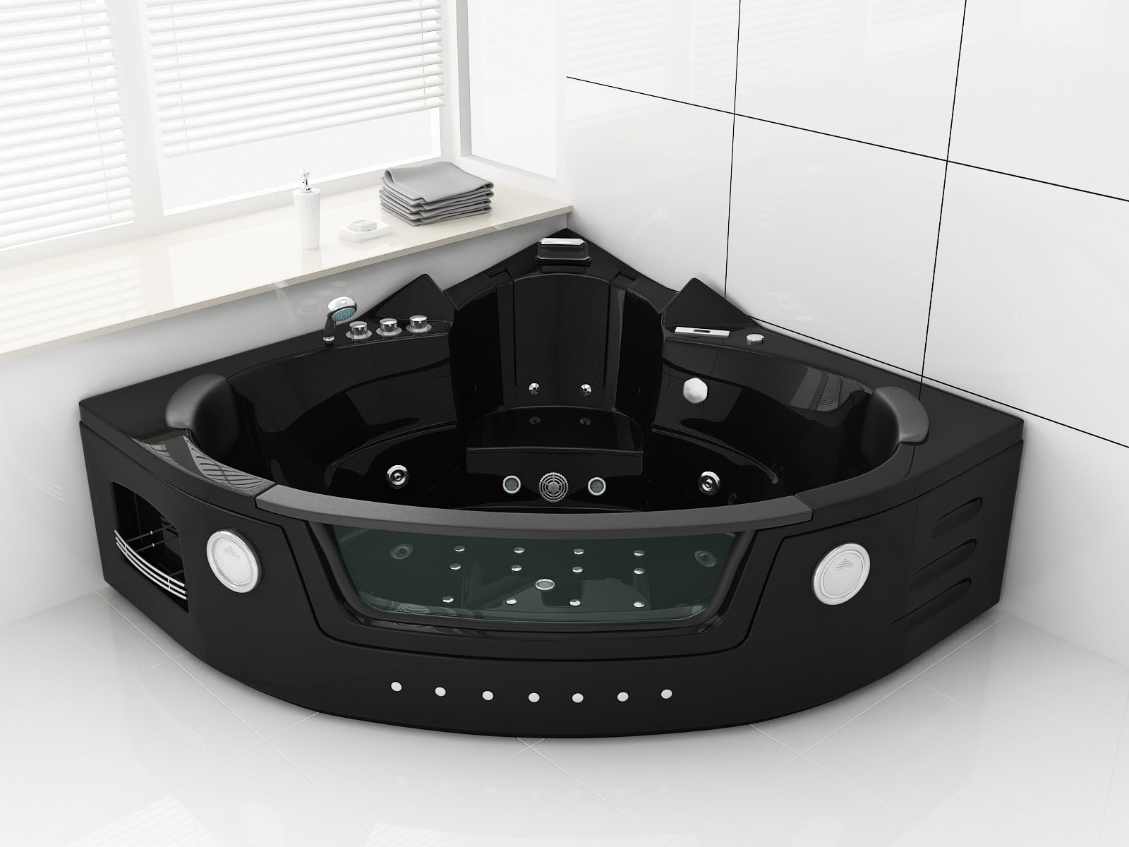Luxus Whirlpool Milano 152x152 cm Black – beheizbare Badewanne für 2 Personen mit 14 Hydrojets, 16 Airjets, LED-Farblicht, Bluetooth-Soundsystem, Wasserfall, Ozondesinfektion & digitales Bedienfeld