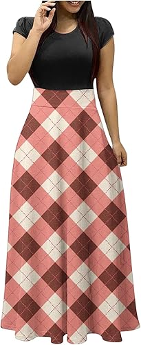 KIOFXFCB Vestidos de verano para mujer 2023, vestidos largos de manga corta para mujer, vestido de playa con cuello redondo y costuras de color