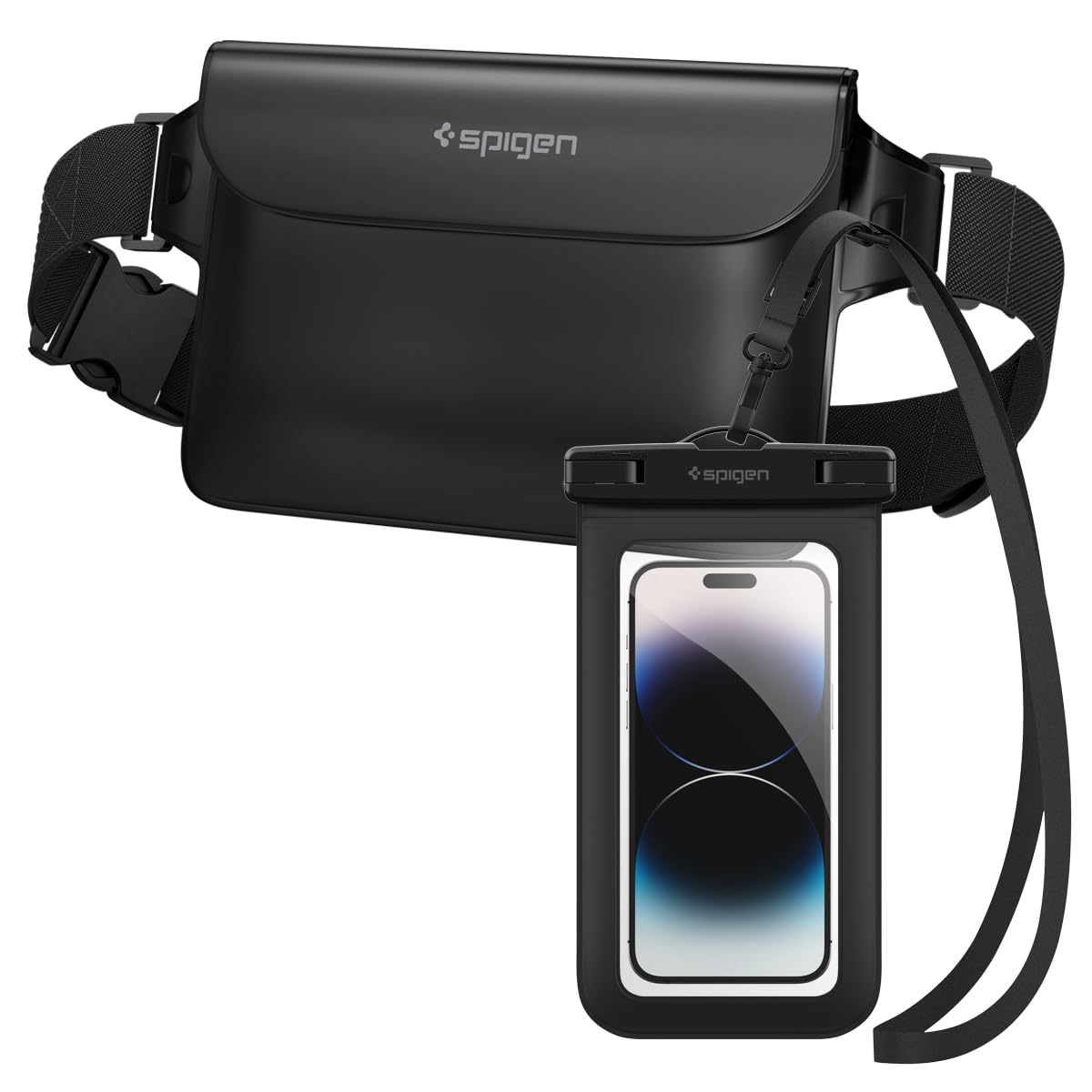 Spigen Aqua Shield Set de Bolsa Impermeable y Funda Impermeable Móvil(8.7 Pulgadas) para Playa, Piscina, Natación, Kayak, Pesca, Llave, etc - Negro