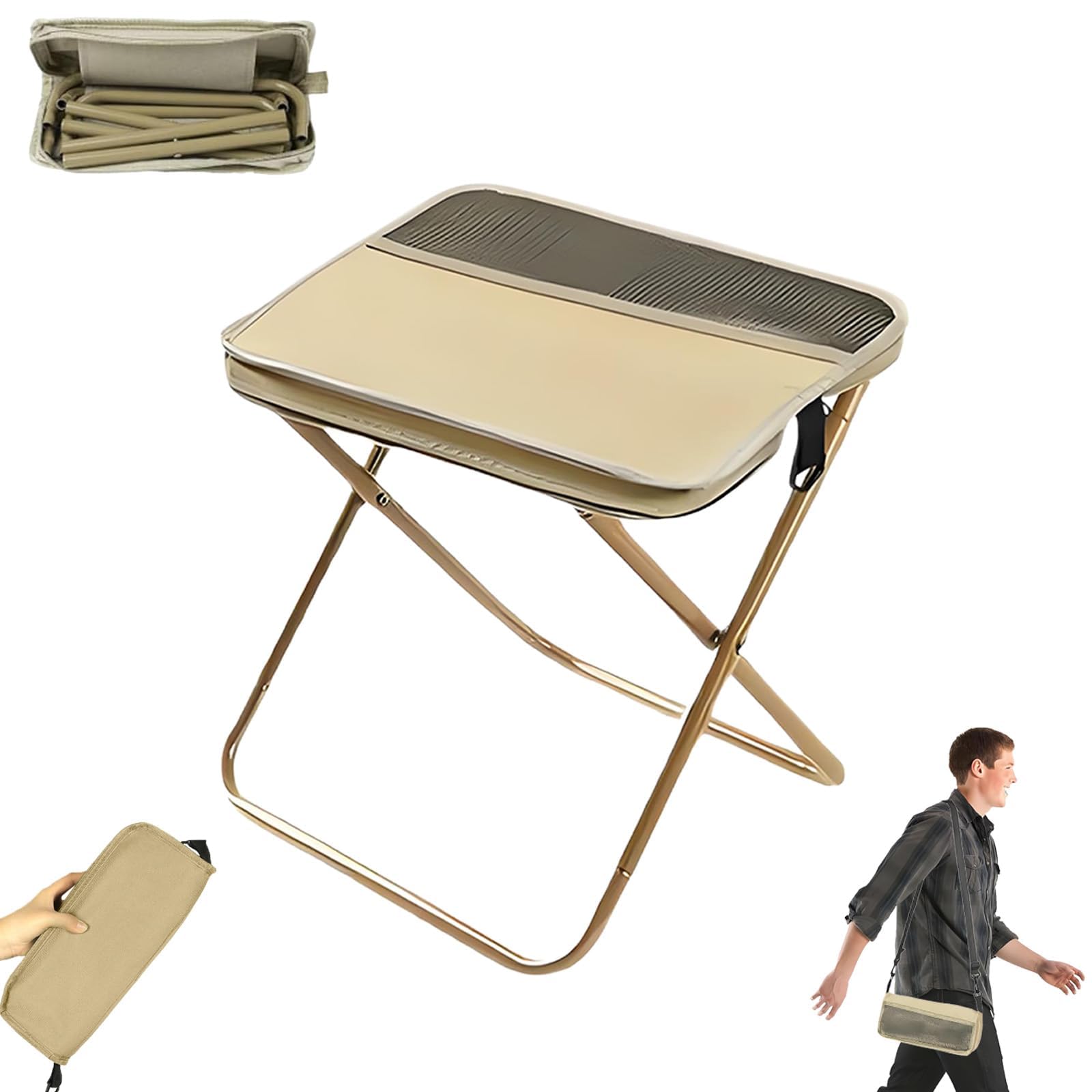 Pddenality Foldable Backpack Stool, Collapsible Camping Chair, Khaki, Polyester Seat, 31x29x25cm (Unfolded), 31x14x5cm (Folded), Compact, Rustic