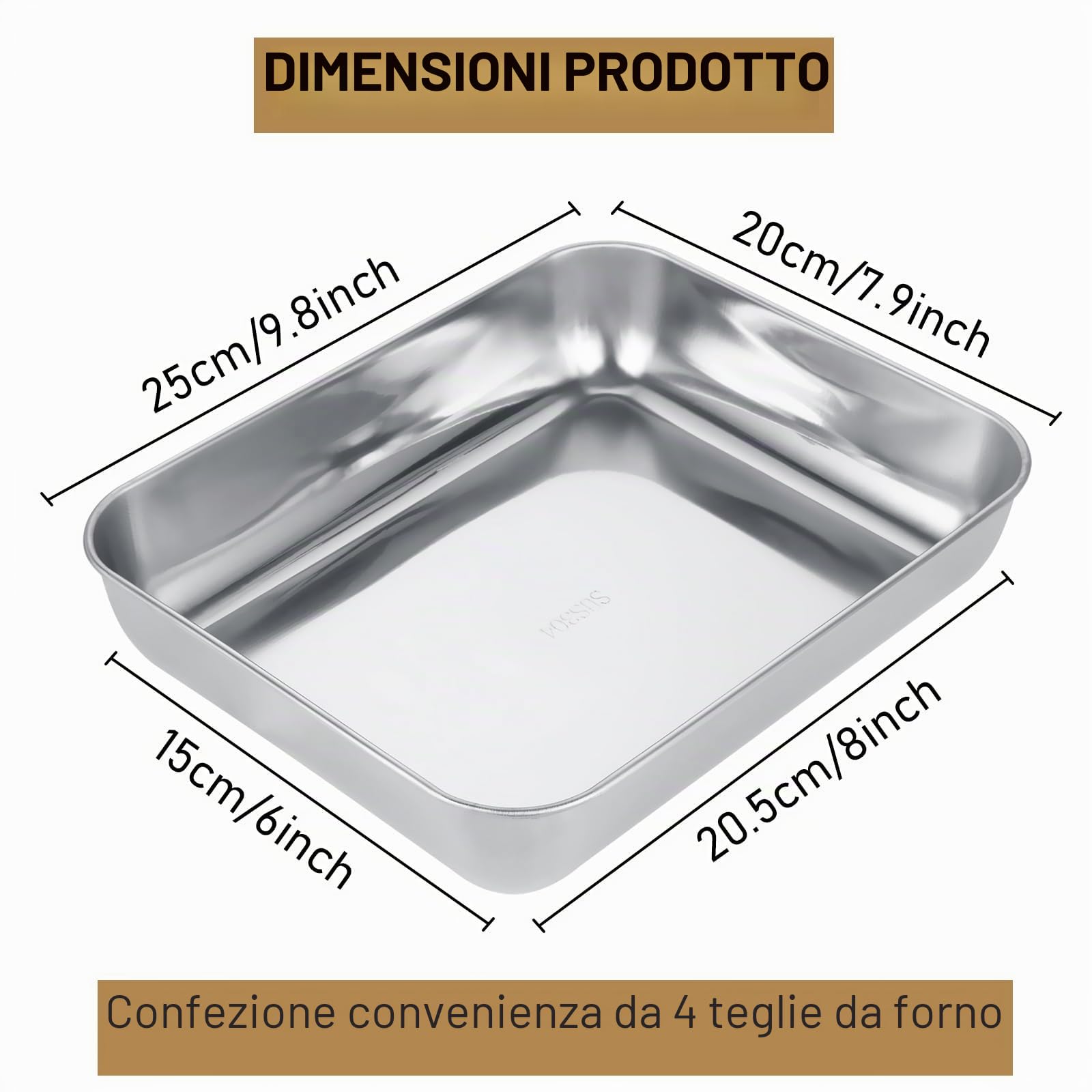 CYEER Set di 4 teglie da forno in acciaio inox 25 x 20 x 5 cm, teglia profonda in acciaio inox 304, per lasagne, arrosti, torte e marinatura, lavabili in lavastoviglie