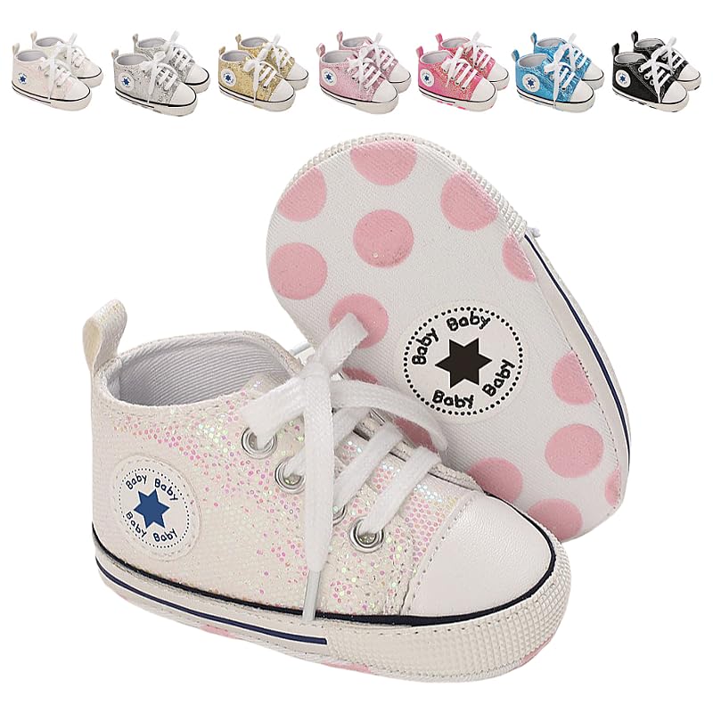 Image of yibubu Baby Girl Shoes Glitter Canvas Sneakers Fashion Shiny Lace-Up Infant Baby Shoes, Soft Flexible Sole with Wide Toe Design Crib Shoes for Sparkly First Walkers Sneakers (0–18 Months)