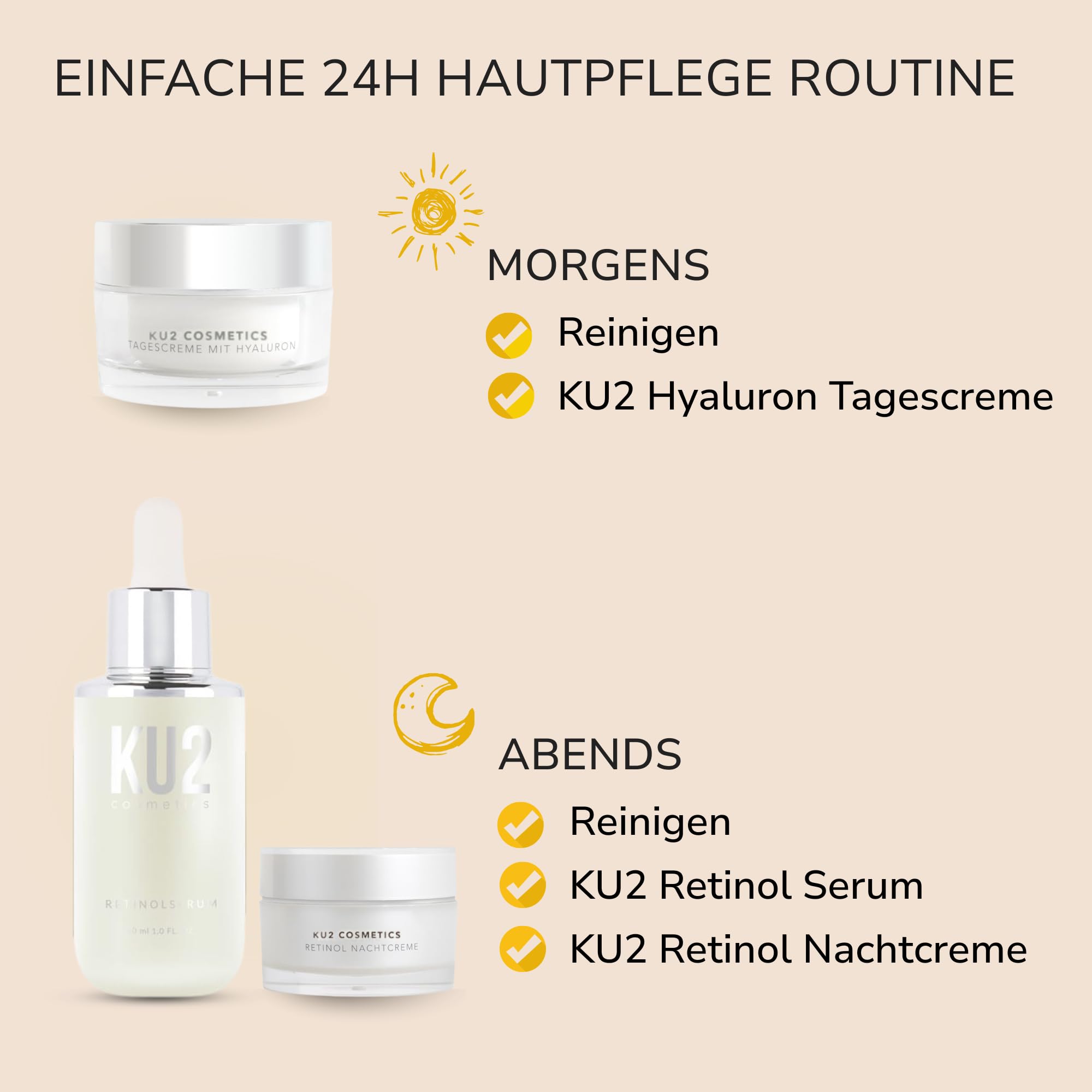 KU2 Hyaluron + Retinol Anti-Aging Set – Tagescreme, Retinol Serum & Retinol Nachtcreme – 24h Hautpflege Routine für Feuchtigkeit & Hautregeneration – Gesichtspflege Set für Frauen & Männer