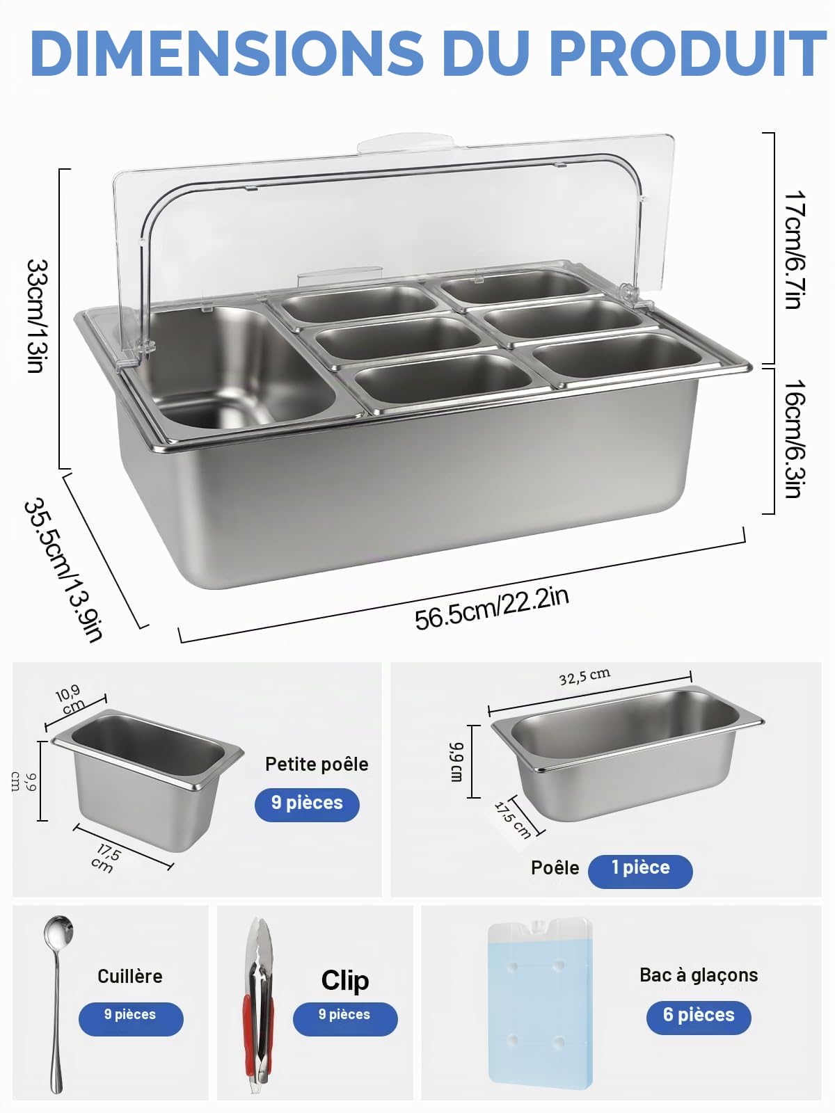 Kalolary Station de Garniture de pizza, 10 Casseroles Acier Inoxydable Organisateur d'Épices Bar Salade Buffet avec Cuillères Glacières Conteneurs Buffet pour Sauce Ingrédients Cuisine Restaurant