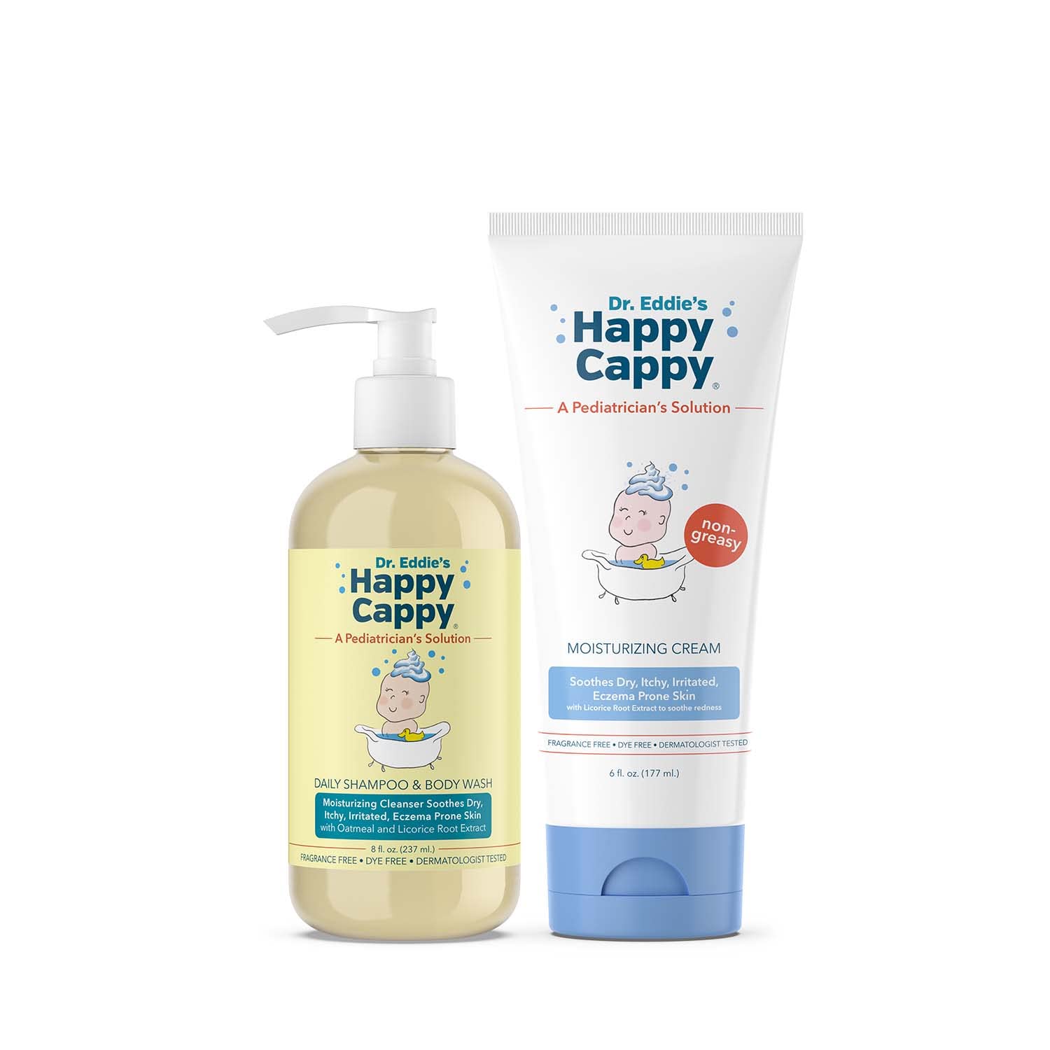 Happy Cappy Baby Shampoo and Body Wash and Moisturizing Cream Bundle - Eczema Body Wash and Lotion for Kids, Toddler, Adults, Helps with Dryness,
