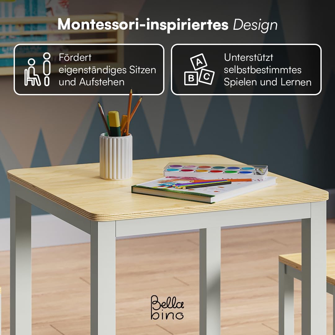 Bellabino Sora Kindersitzgruppe – Kindertisch mit 2 Stühlen aus Holz – Sitzgruppe Indoor Grau – Kinder Tisch Stuhl Set für Drinnen – Maltisch & Basteltisch ab 2 Jahren – Spieltisch für Kinderzimmer
