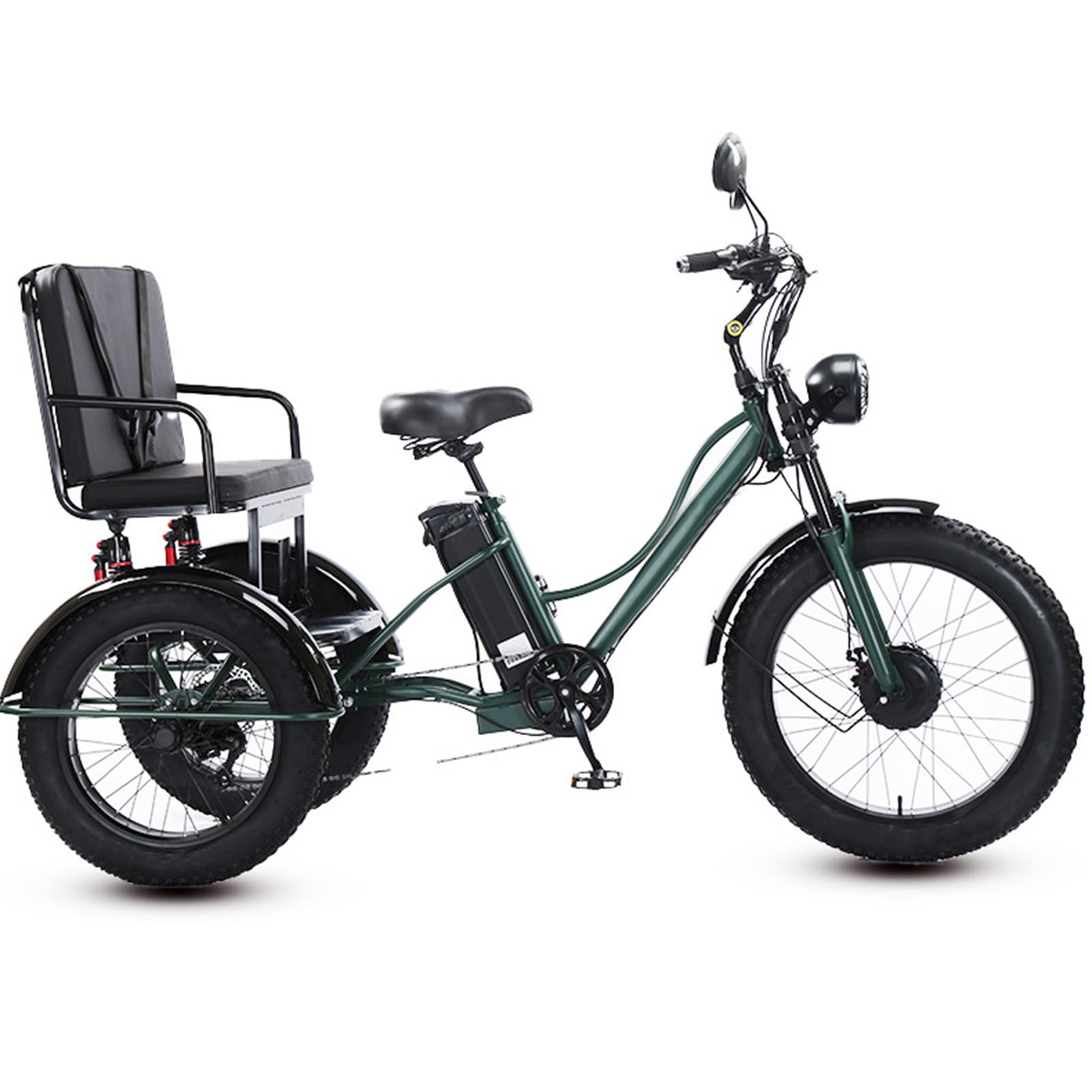 Triciclo elettrico per adulti con pneumatici larghi, pedalata assistita, telaio in acciaio al carbonio resistente, sedile multifunzionale, display LCD e faro anteriore. Adatto a persone di a
