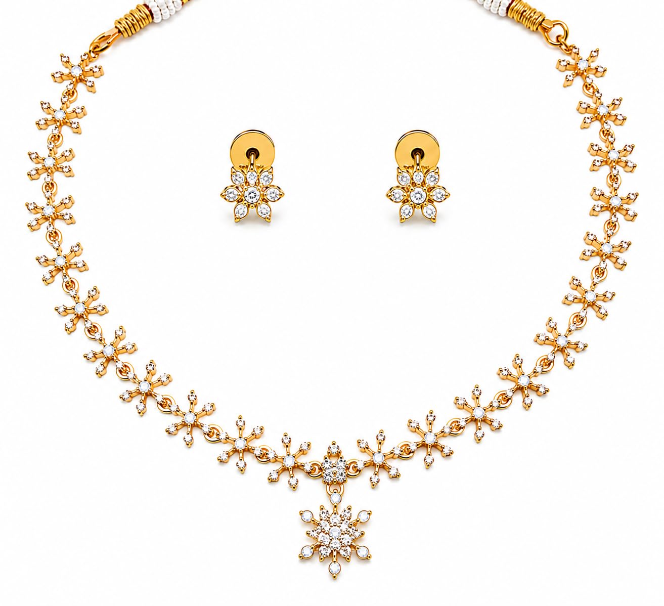 Designer Gold Plated Brass CZ Floral Necklace Set for Women with Earrings-image-33