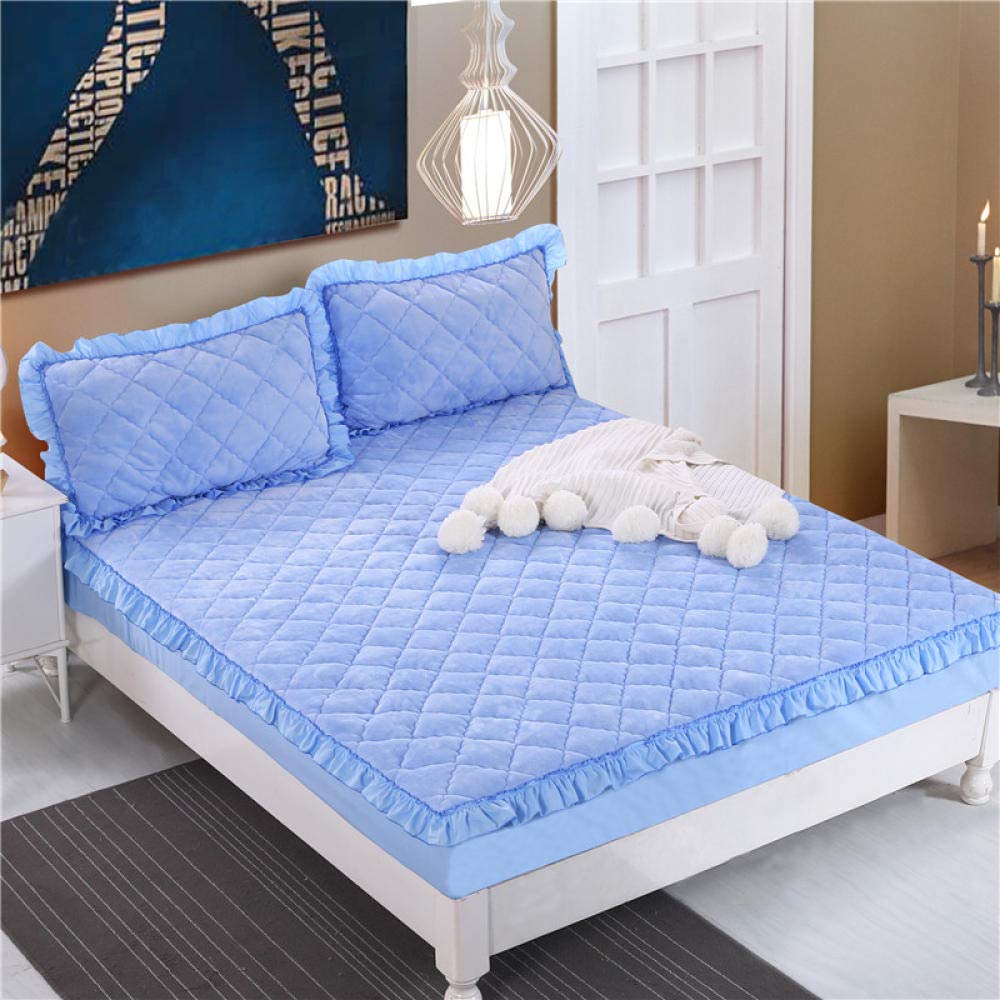 Drap-housse matelassé flanelle 180x220 cm bleu ciel avec taies d'oreiller