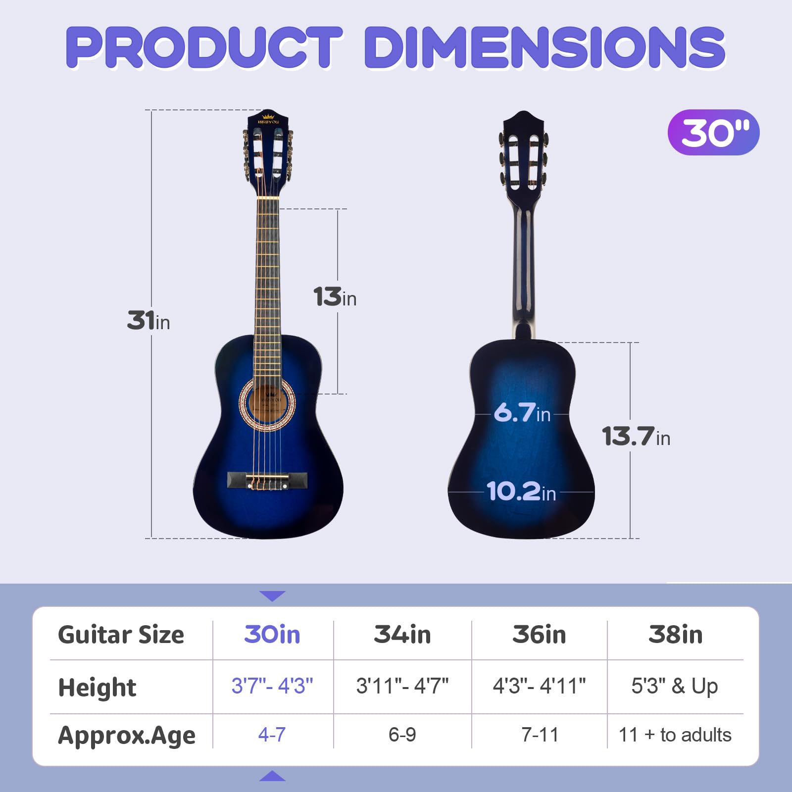Kit básico de guitarra acústica para principiantes de 30 pulgadas, bolsa de cejilla, cuerdas enrolladoras, púas de correa, golpeador de guitarra para estudiantes/niños, con bolsa de concierto