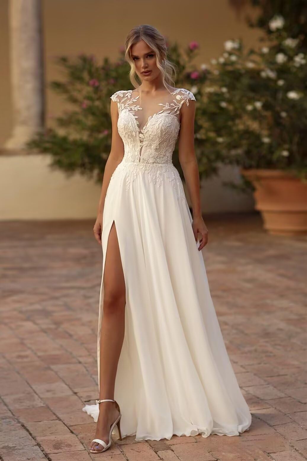 HUINI Brautkleid Standesamt Hochzeitskleid Chiffon Boho Spitzen Lang Strand Brautmode Kleid