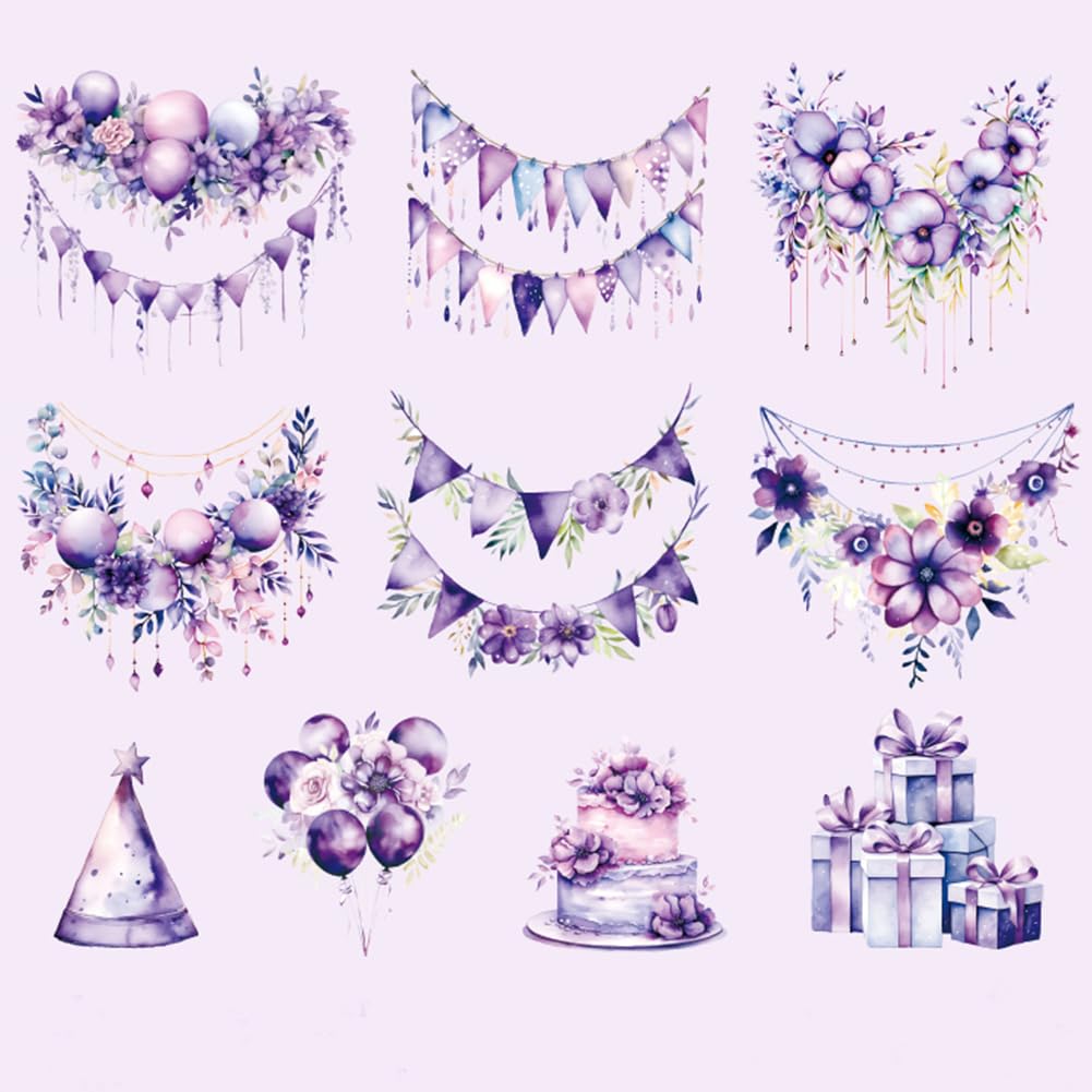 MAFELOE 20 Pieces Scrapbook Stickers, PET Aesthetic Deco Journaling Supplies for Junk Bullet Diary Planner Album Calendars-Celebration Series-Purple (Y3-JRQD-02)