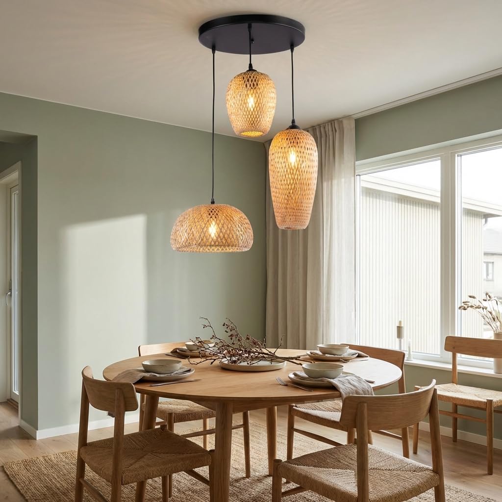 BARCELONA LED Lámpara Colgante Triple de Mimbre y Bambú Natural Base Metálica Negra, Estilo Nórdico y Japonés, 3xE27, Iluminación Cálida para Salón, Comedor o Restaurante