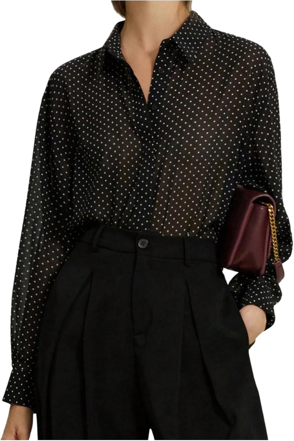 MakeMeChic Women's Mesh Chiffon Polka Dots Button Down Shirt Long Sleeve Business Shirt Tops