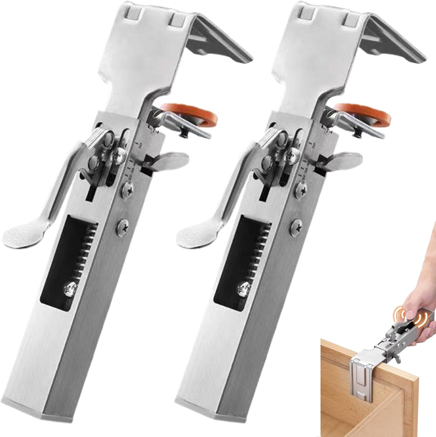 2Pcs Drawer Front Installation Clamps 21 to 50mm Width Drawer Front Clamps Right Angle Stainless Steel Adjustable Fixing Clamp with Press Handle Installation