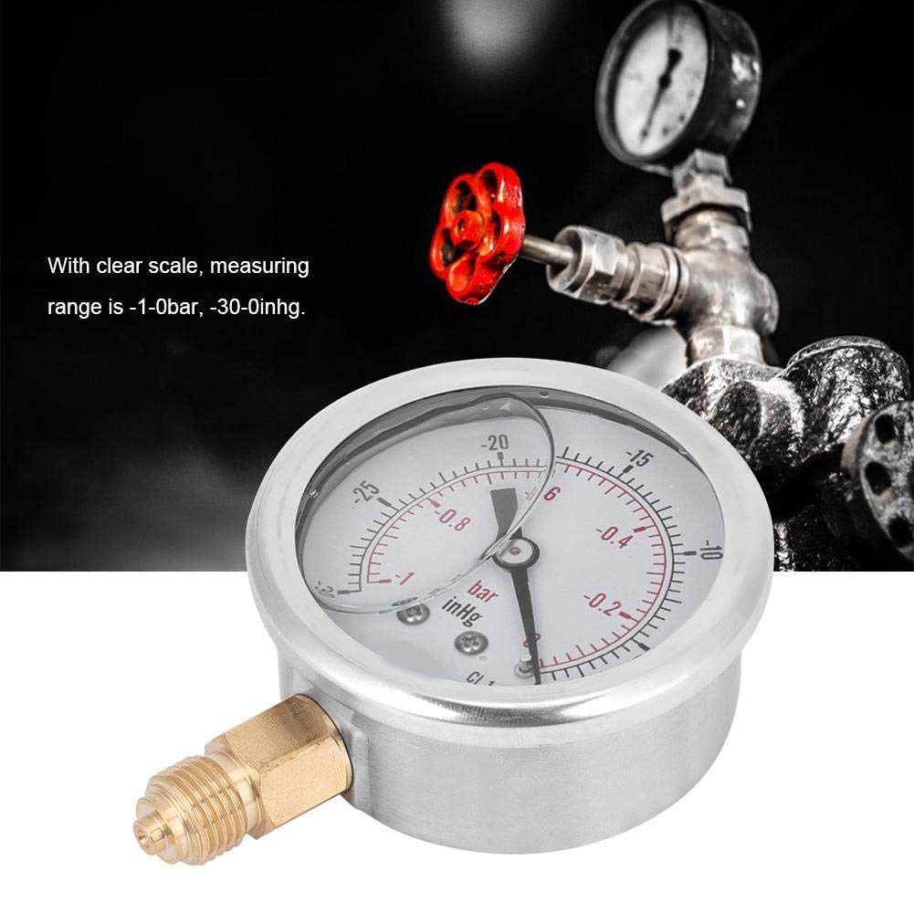 Manomètre à Vide Radial Rempli d' Jauge de Pression Négative -1 à 0 bar (-30 à 0 inHg) Double Échelle Boîtier Acier Inoxydable Raccord Laiton 1/4" BSP pour Pompes à Vide et Systèmes de