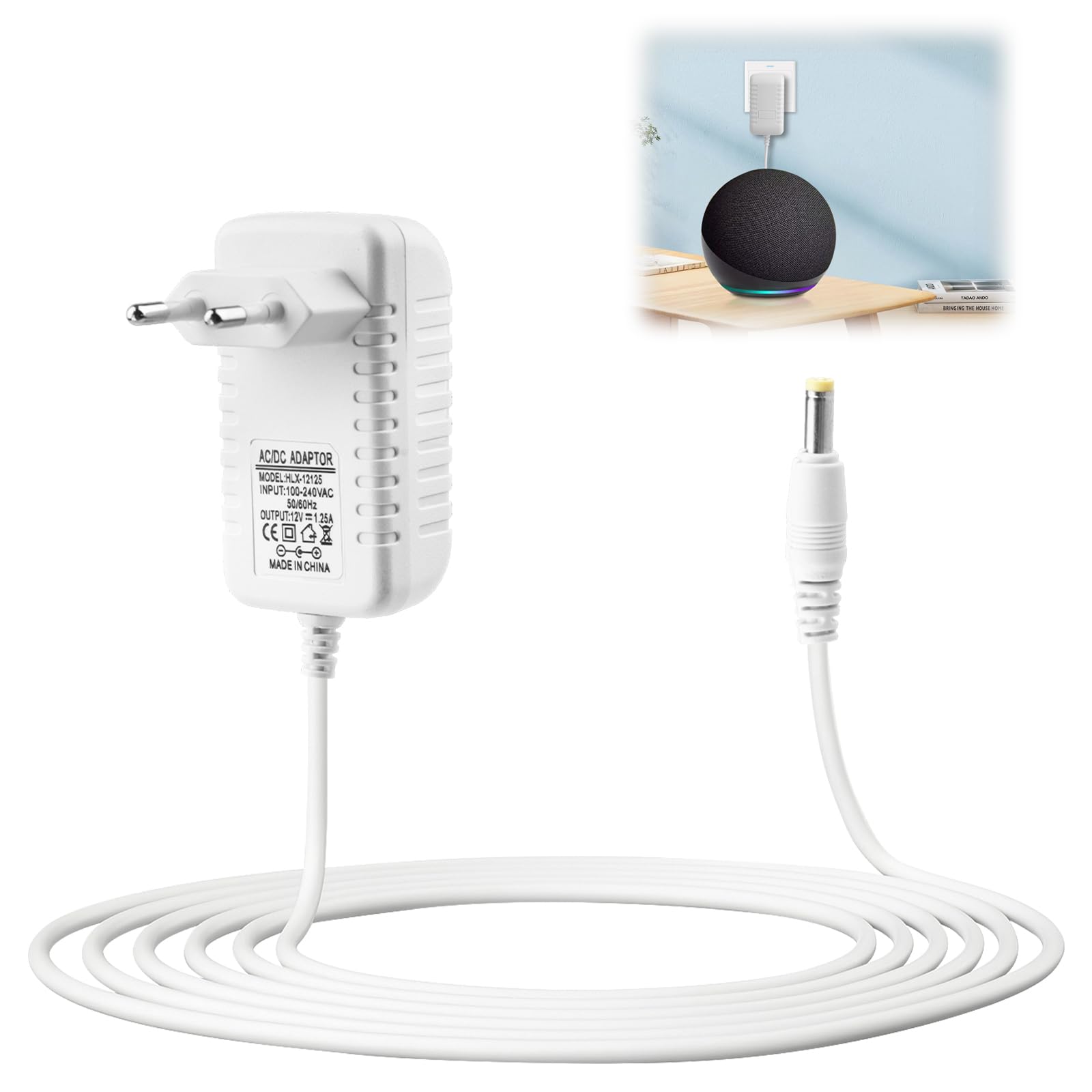 Adaptador Cargador 15W para Echo Dot 3ª/4ª/5ª Gen, Echo Dot Kids Edition, Echo Dot con Reloj (3ª/4ª), Echo Show 5 (1ª/2ª Gen), Echo Spot Pop, 12V/1.25A Fuente de Alimentación con Cable 1,5M