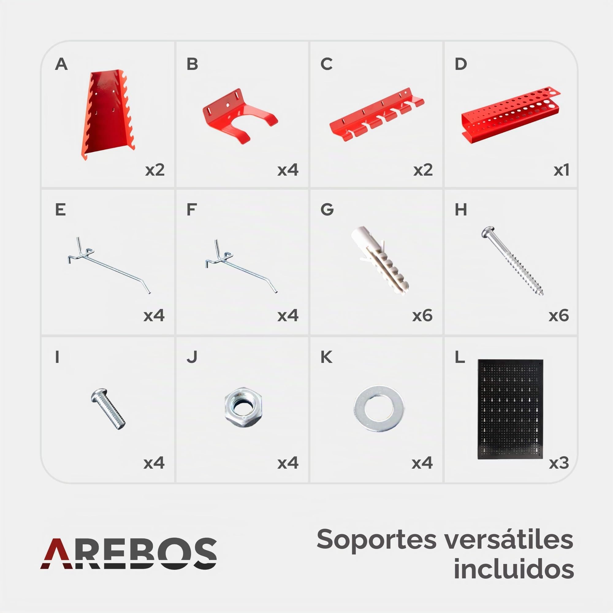 Arebos Panel Portaherramientas de 17 piezas | 117,6 x 59,5 x 2cm | Juego de ganchos y soportes | Pared de herramientas de metal perforado para equipamiento de taller incl. material de montaje | Rojo