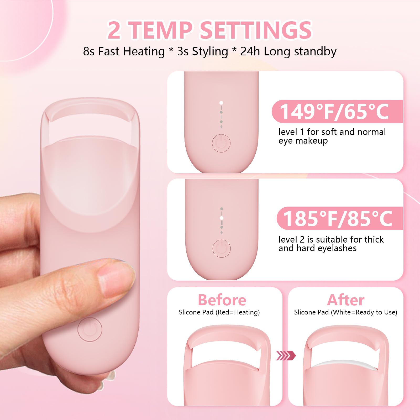 Rizador de pestañas eléctrico, almohadilla de silicona sensible al calor (rosa)