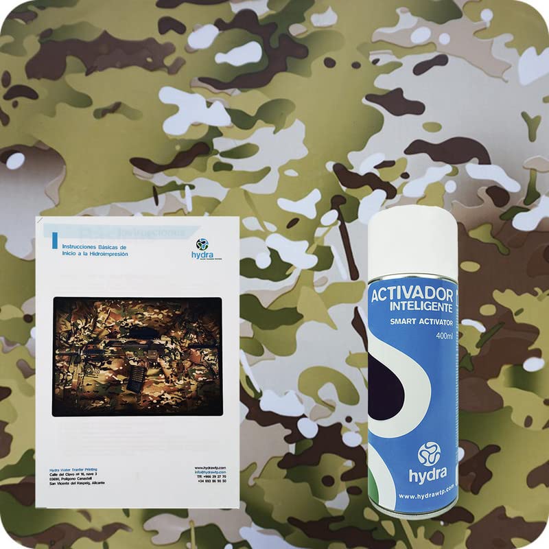 BASIC Kit Hidroimpresion Incluye: 1 Activador hidroimpresión 400 ml + 1 Manual de instrucciones + 1 Lámina para hidroimpresión camuflaje Medidas: Ancho: 100cm. Largo: 200cm (HCA-118)
