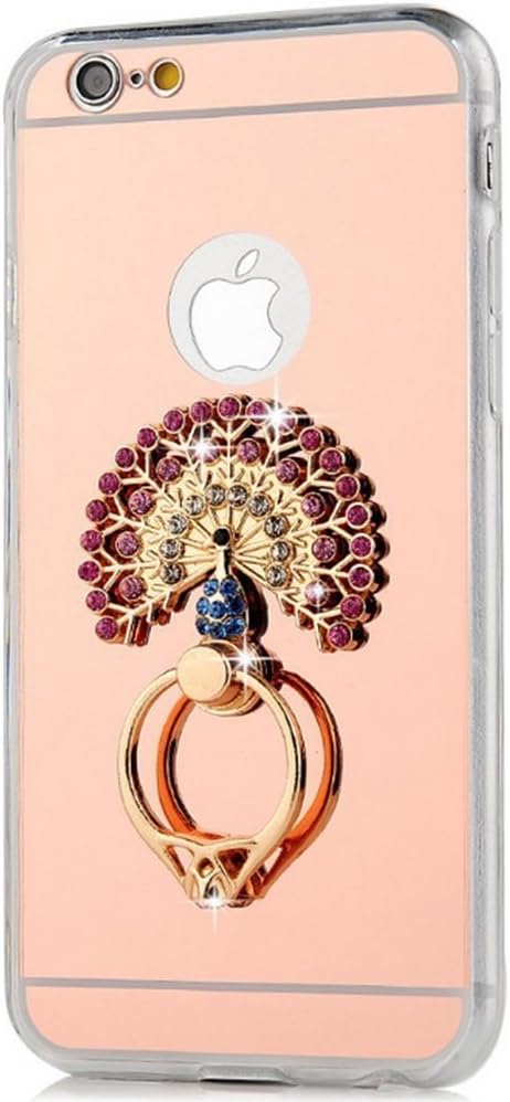 5S Case, iPhone 5 Case, TAIYANYU 3D Handmade Bling Pink Crystal Peacock with Metal Ring Stand Holder 360-degree Rotating Design Rose Gold Mirror Soft TPU Clear Cover for iPhone 5 5S 5SE