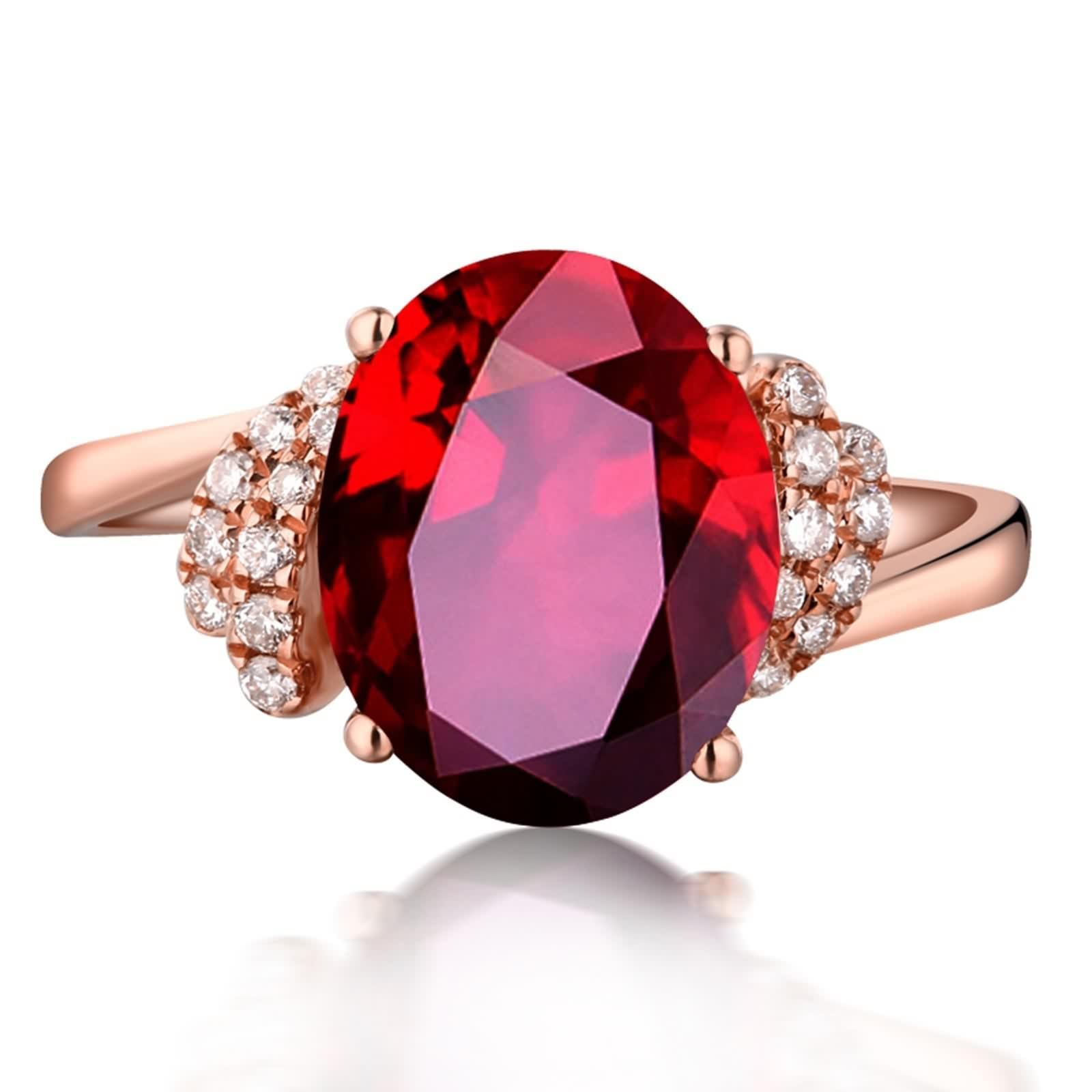 Anillo de rubí auténtico, oro 750, oro rosa de 18 quilates, anillo ovalado de rubí con diamante blanco rojo cómodo ajuste