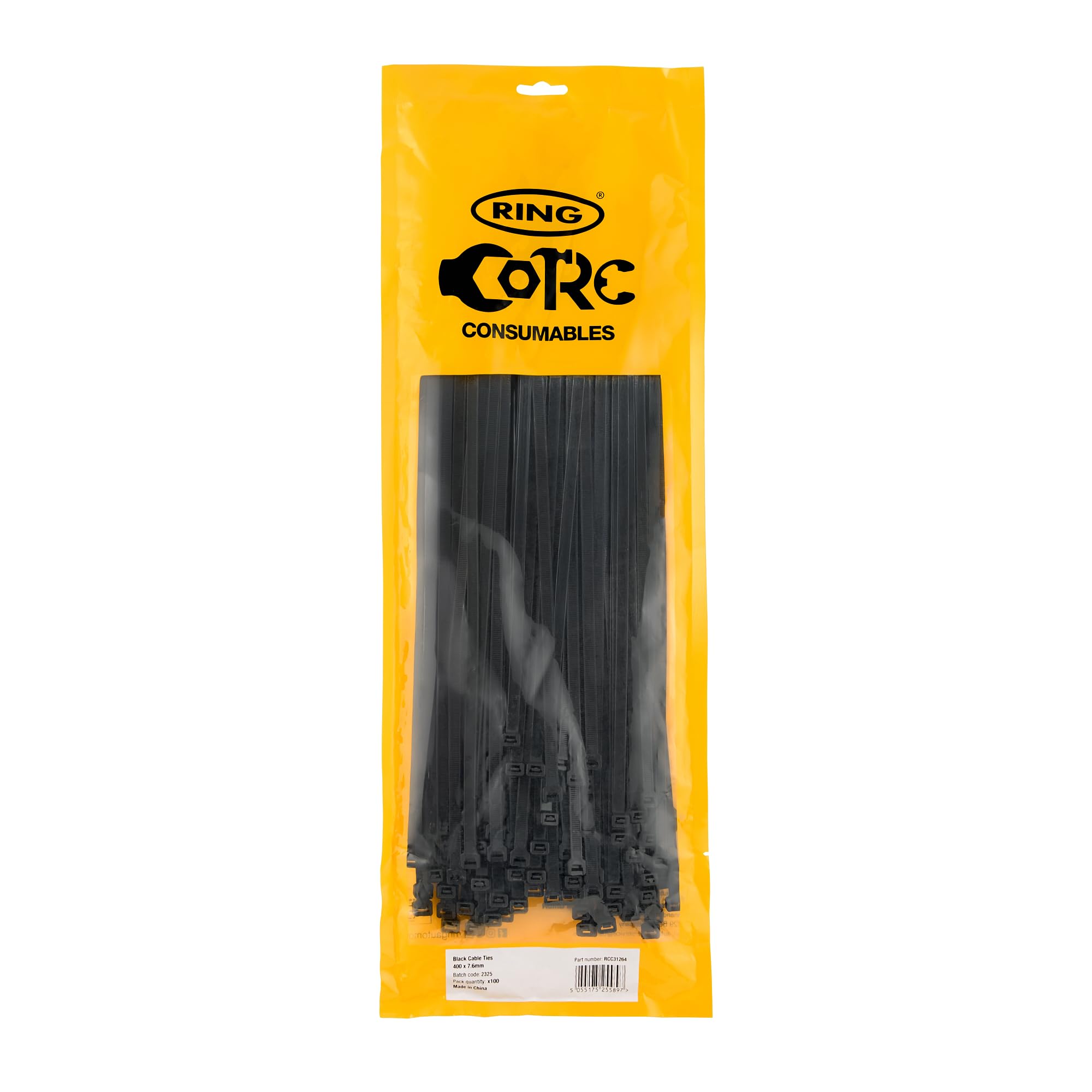 RING Black Cable Ties, 400 x 7.6 mm (100 Pcs) General Purpose, Supplied in a Re-Sealable Pack