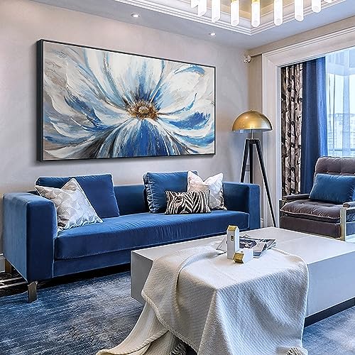 Image of Large Blue Wall Art Framed, Flower Botanical Wall Art for Living Room Bedroom, Modern Aesthetic Floral Picture Home Canvas Artwork, 29x58 Inch Black Frame Ready to Hang