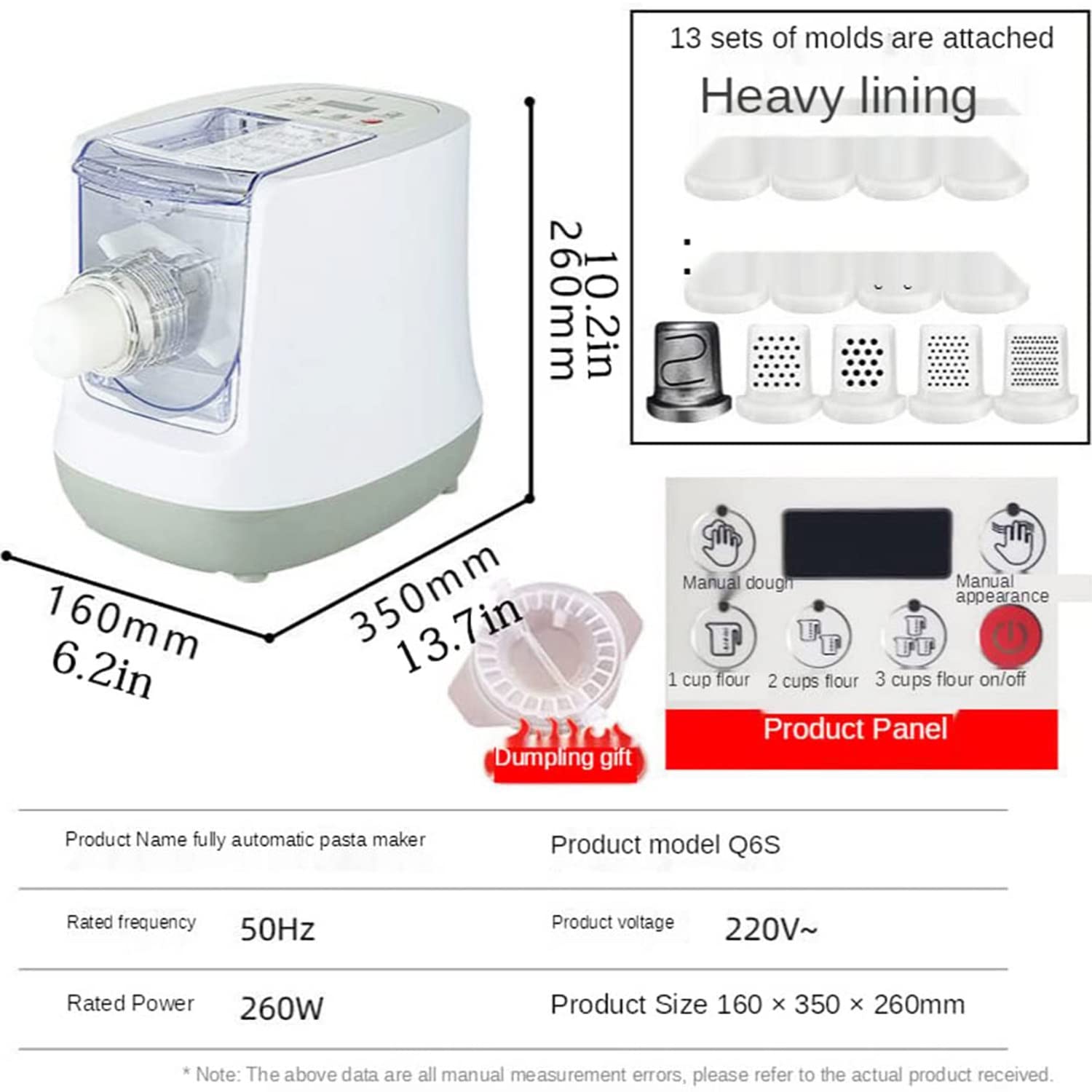 Nudelmaschine Elektrische Pastamaker Küchenzubehör mit 13 Schimmel Pastamaschine 260W für Handgemachte Frische Pasta,Spaghetti