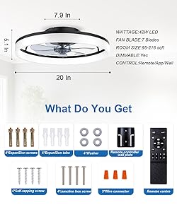 AQUBT Ceiling Fans with Lights and Remote, 20" Modern Low Profile Ceiling Fan with Light, Stepless Color Temperature Change and 6 Speeds for Bedroom, Kids Room and Living Room (Black)
