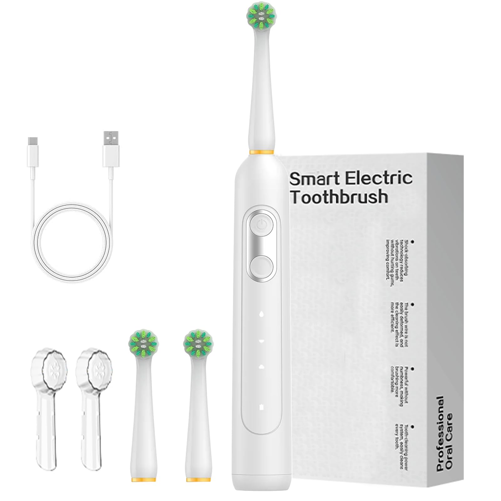 Rechargeable Electric Toothbrush for Men & Women, Sonic Oscillating Toothbrush with 3 Brush Head, 3 Cleaning Modes, IPx8 Waterproof Design, Rotating Electric Toothbrush (White)