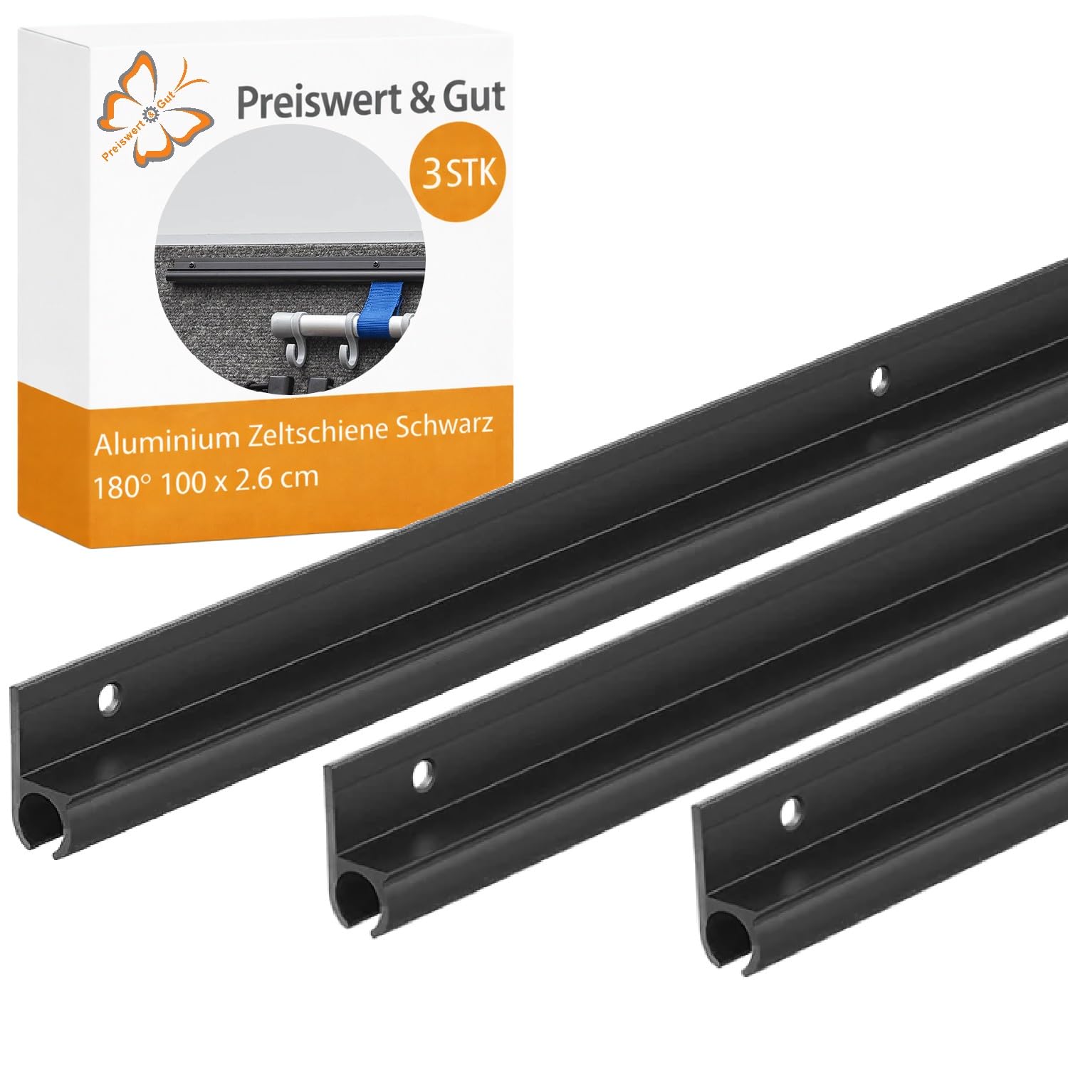 3 STK Kederschiene für Wohnmobil Alu schwarz 180 Grad 100 cm für 7-8 mm | Kederleiste als stabile Führungsschiene für Kederschnur, Vorzelt, Markise und Camping Zubehör Preiswert&Gut