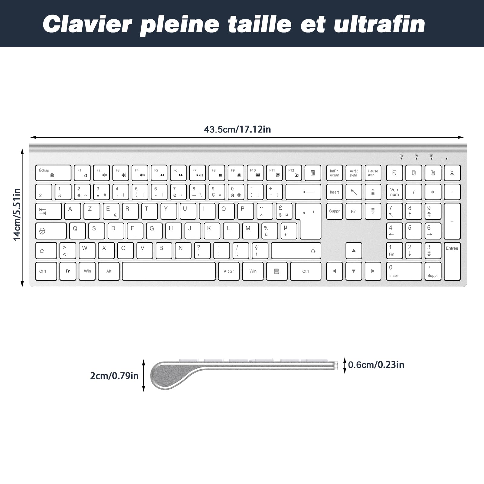 cimetech Clavier sans Fil Rechargeable, Connexion 2.4Ghz, Clavier Silencieux, Ultra-Fin, AZERTY Français, avec Pavé Numérique, pour MacOS/iOS/Android/Windows/PC/Ordinateur/Portable-Blanc Argent