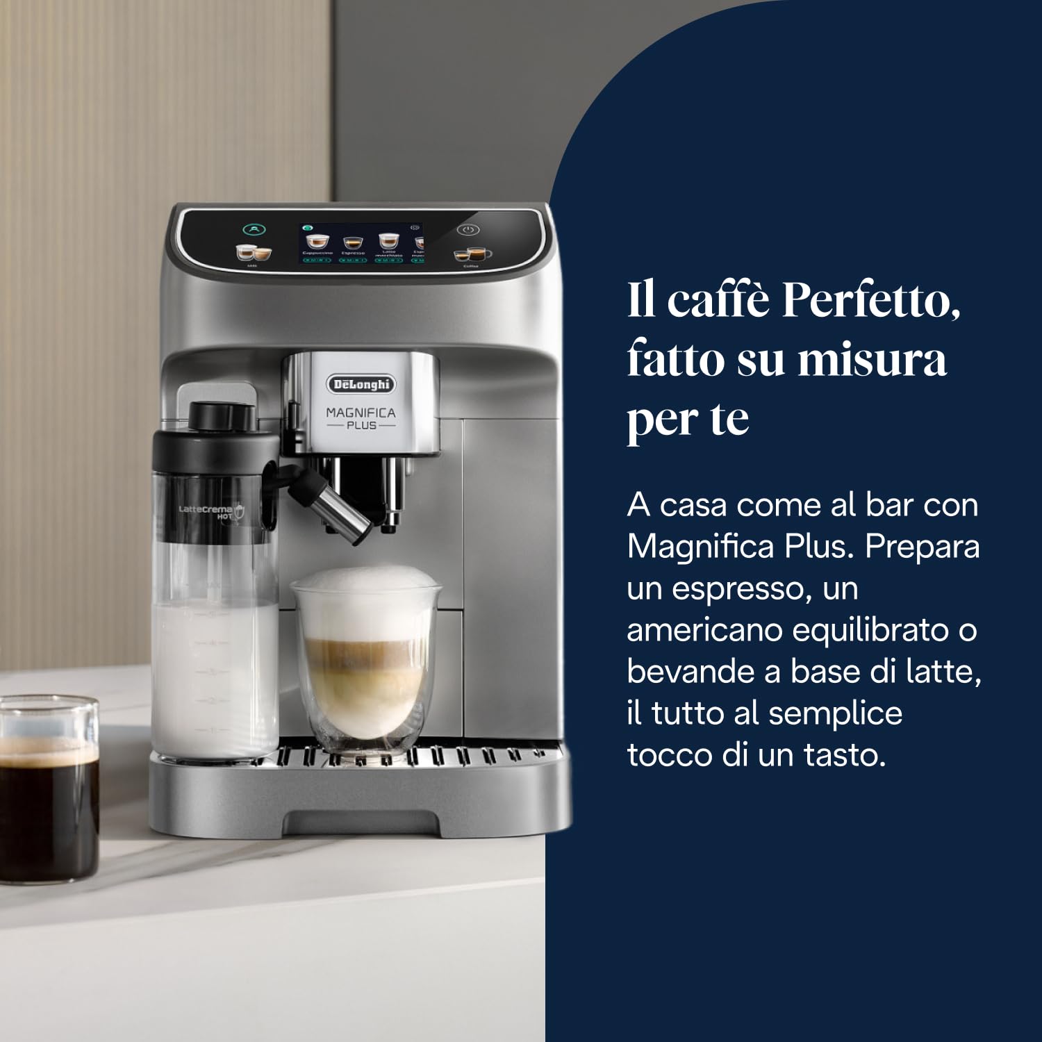 De’Longhi Magnifica Plus – Perfetto Macchina da Caffè Automatica, LatteCrema Montalatte Automatico, 18 Bevande in un Solo Tocco, Display Touch a Colori, Argento e Nero (ECAM322.70.SB)