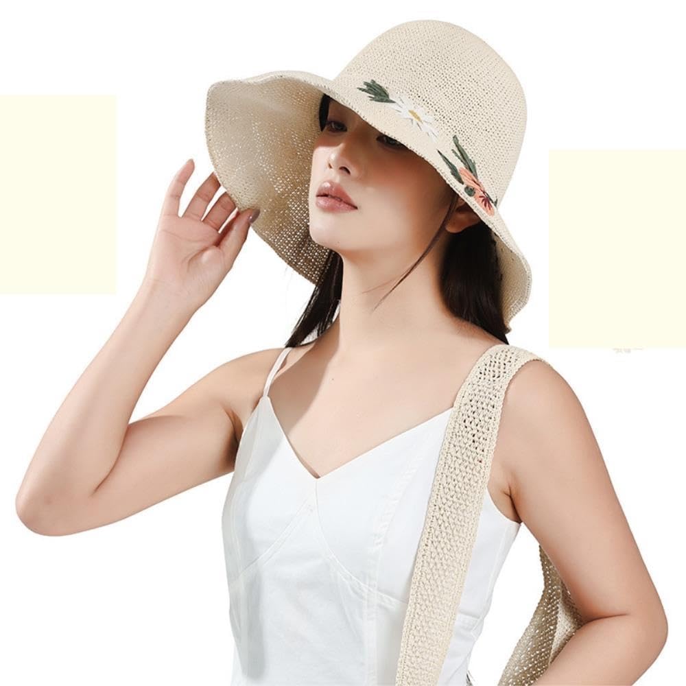 Cappello da Sole in Paglia, Fiore Ricamato, Tesa Larga, Pieghevole,