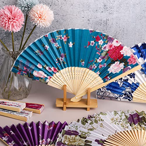 Durony DY0459 12 Pieces Floral Folding Fans Silk Bamboo Handheld Fans Vintage Handheld Fan Flower Patterns Fabric Fans thumb #3