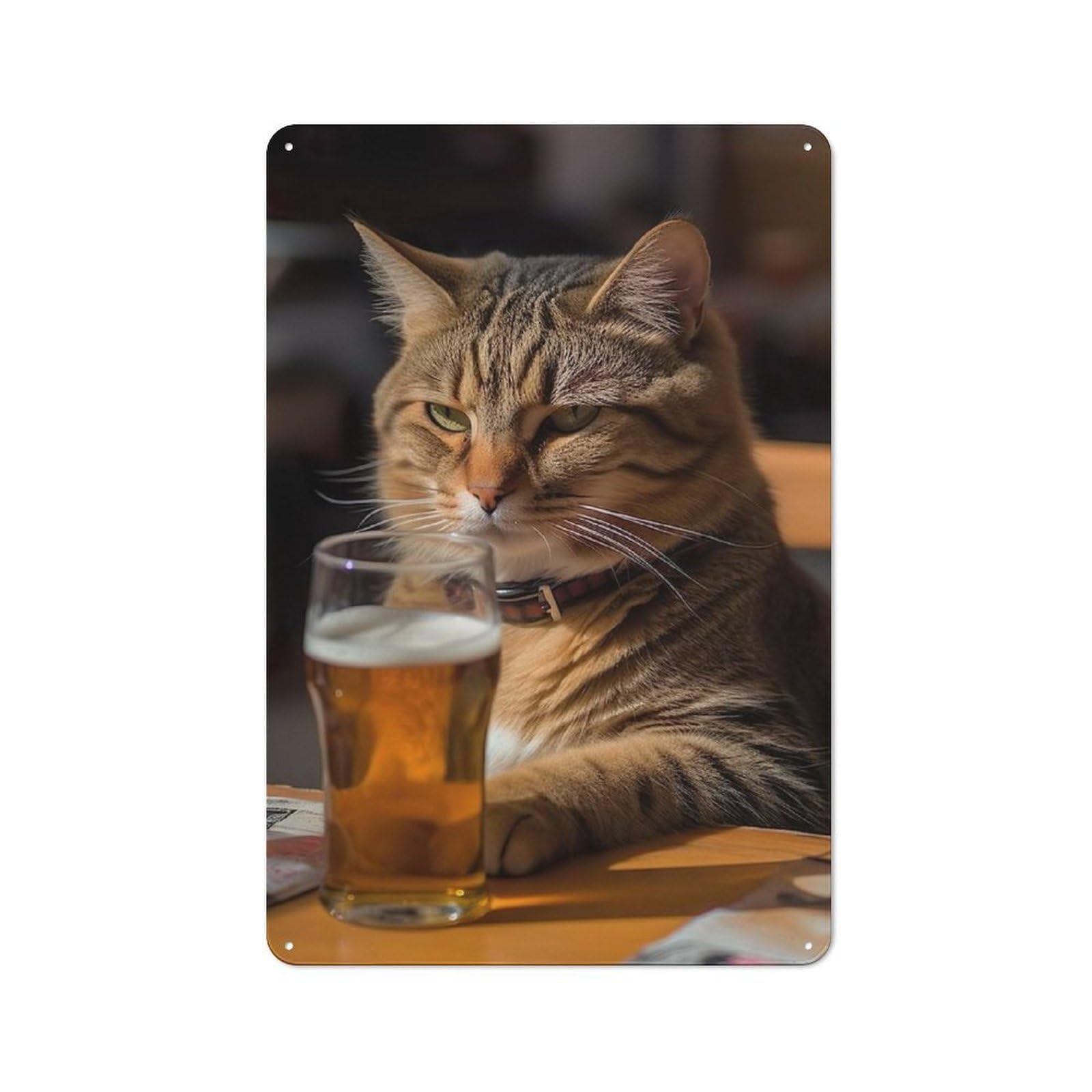 Metal Wall Sign with Beer Drinking Cat Design 30x20cm, Vintage Industrial Wall Art for Workshop, Basement, Shed Or Games Room