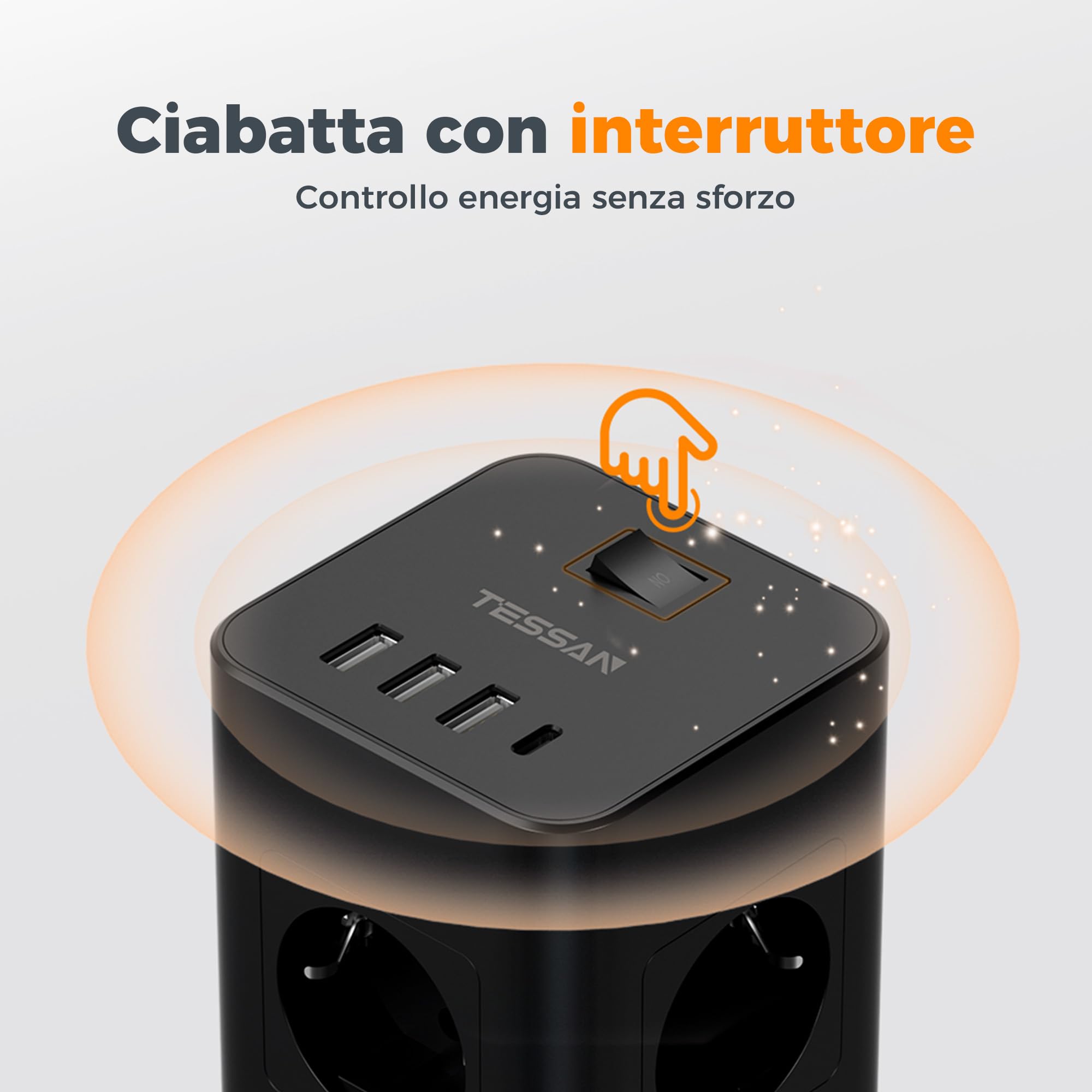 TESSAN Ciabatta Multipresa con 4 USB e 8 Prese, Ciabatta Elettrica Protezione Sovratensione, Torretta Multipresa con Interruttore e Prolunga Elettrica 2 Metri, Nero