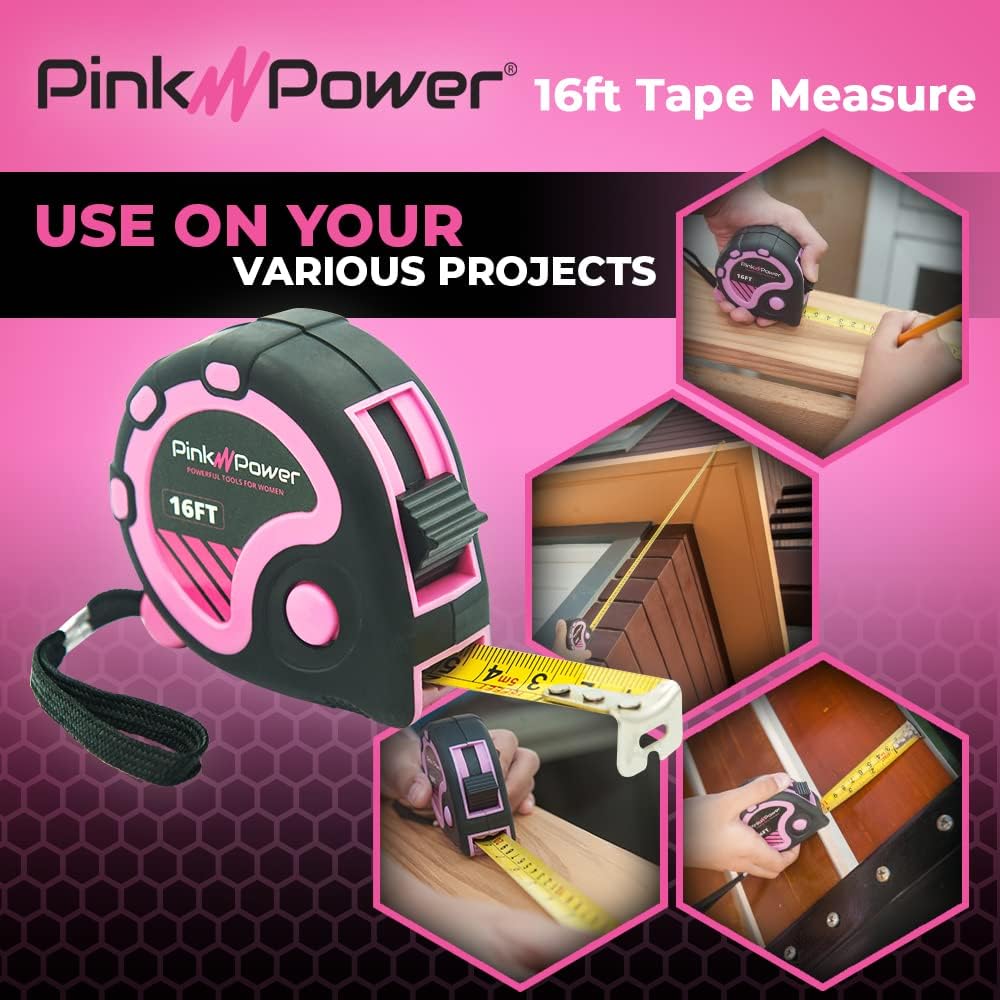 Pink Power - Cinta métrica de 4,9 m, cinta métrica rosa para mujer, con cuchilla retráctil y botón de bloqueo, cinta métrica para niñas para herramientas rosas