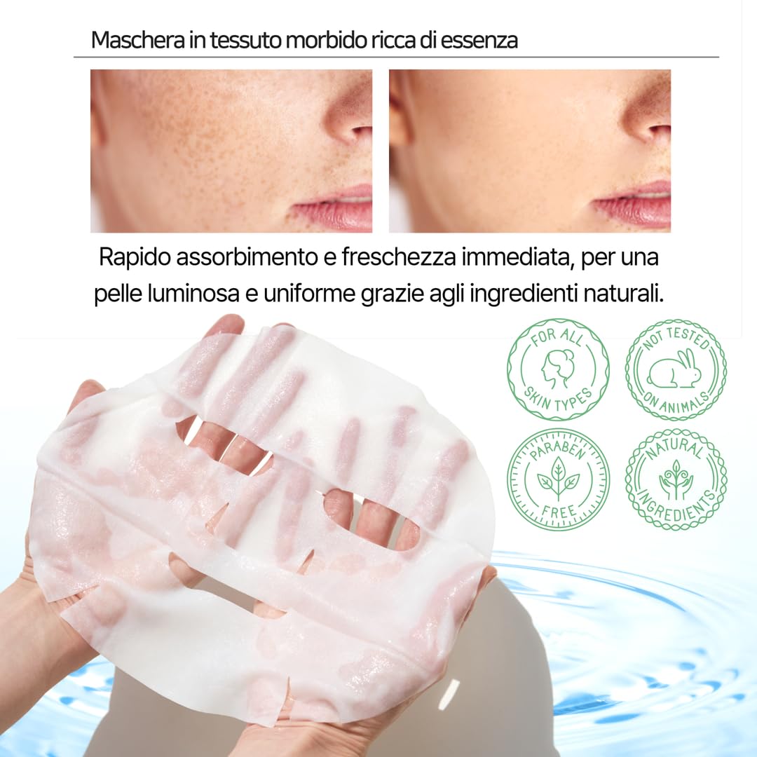 [MASK ON] Maschera viso coreana (20 PACK) - Idratante, Antietà, Lenitivo, Illuminante, Rassodante, Nutriente- Routine completa con ingredienti naturali
